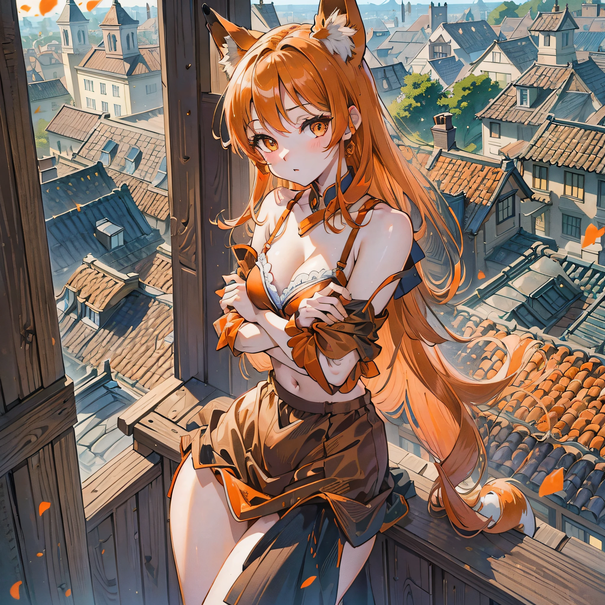 Absurd, masterpiece, high quality, highly detailed, 1girl, lifeland, fox girl, orange hair, bra , standing, shoulders exposed, legs crossed, arms to shoulders, backyard, balcony, manga style --auto --s2
