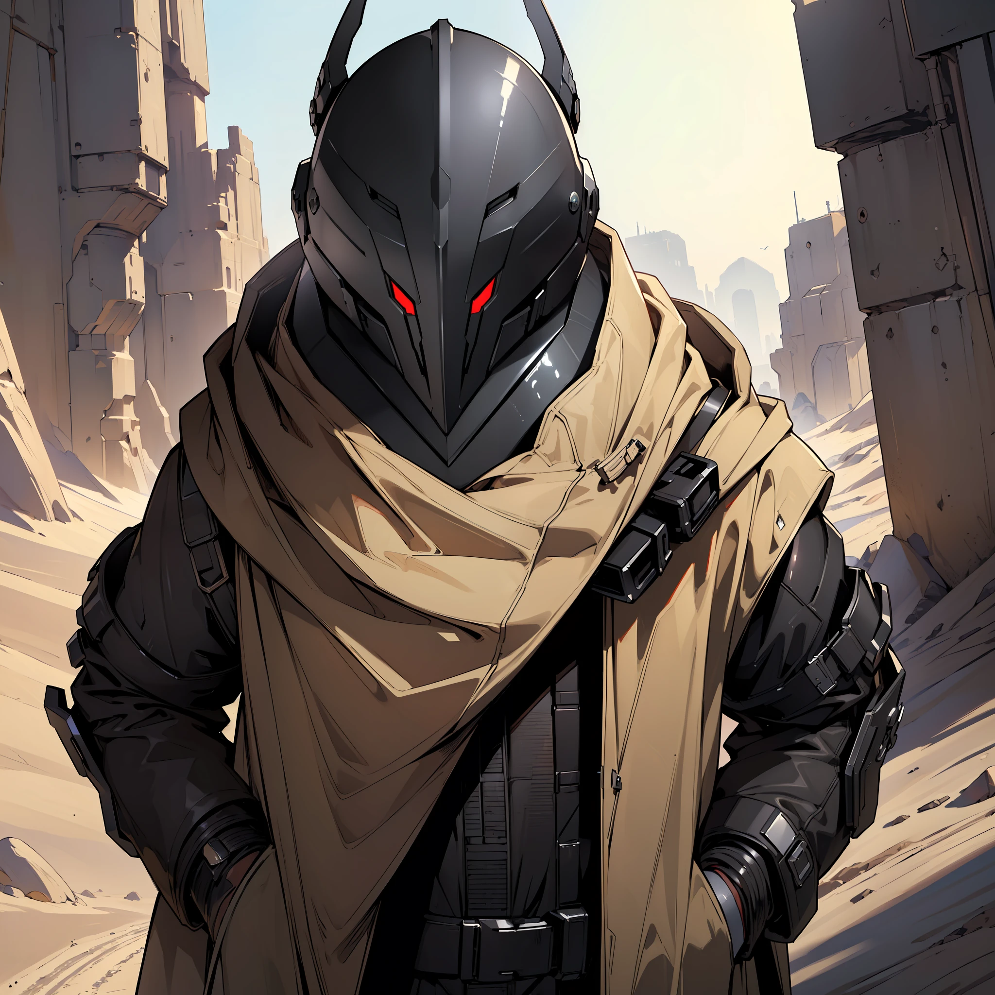 (((8k, best quality, masterpiece:1.4)))), ultra high resolution, ultra-detailed, solo, illustration, wanderer, coat, wearing hood, (futuristic black helmet fully covering face:1.5), beige coat in desert, soldier in desert