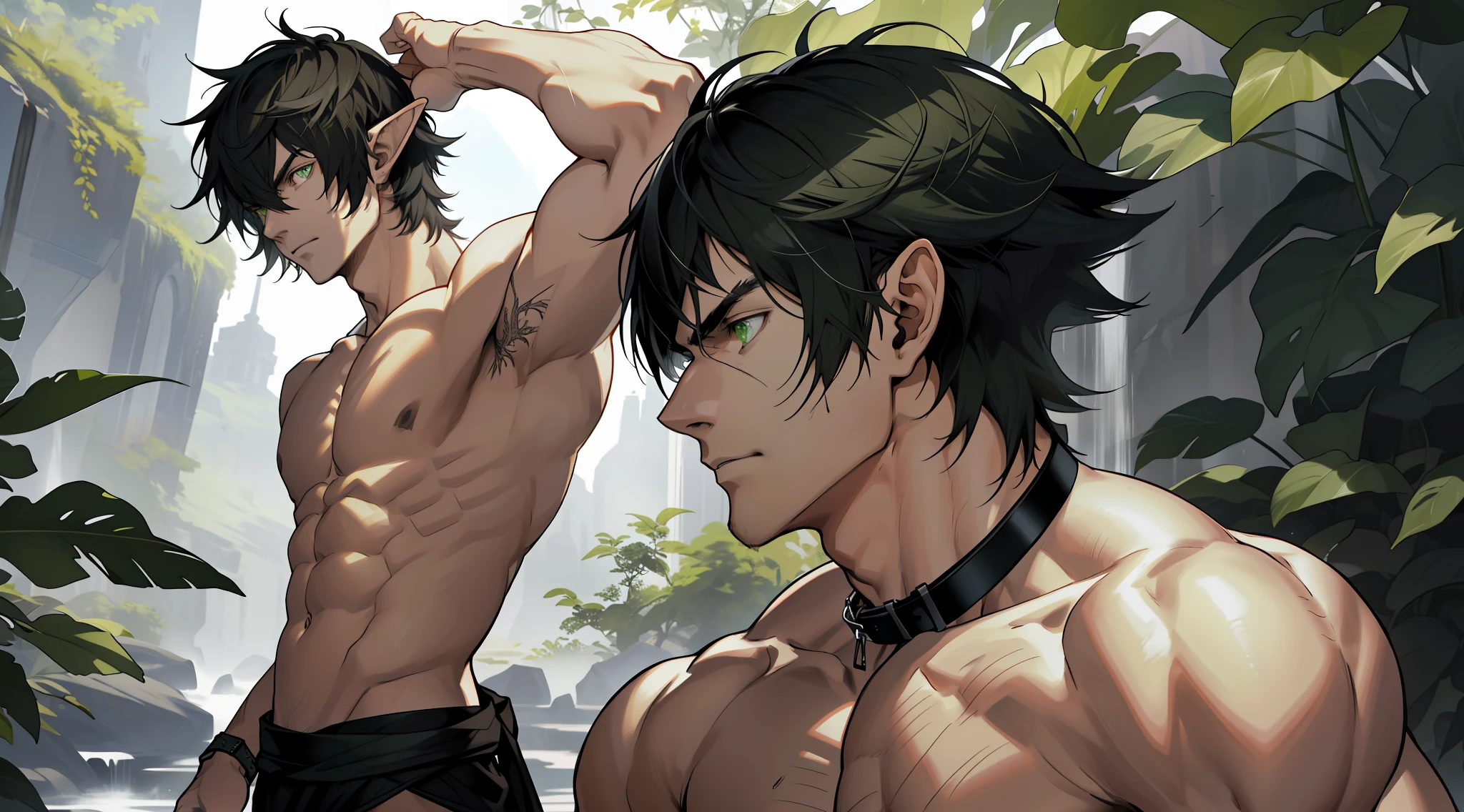 (absurdres, highres, ultra detailed), 1 male, elf adult, handsome, tall slender guy, narrow eyes, narrow shoulders, finely detailed eyes and detailed face, messy shaggy black hair, side bangs, bangs, green eyes, sexy twink, shirtless, final fantasy 14, dog collar, full body shot, backside, back view, submissive expression, hands up, arms up, hands on the way, full back view