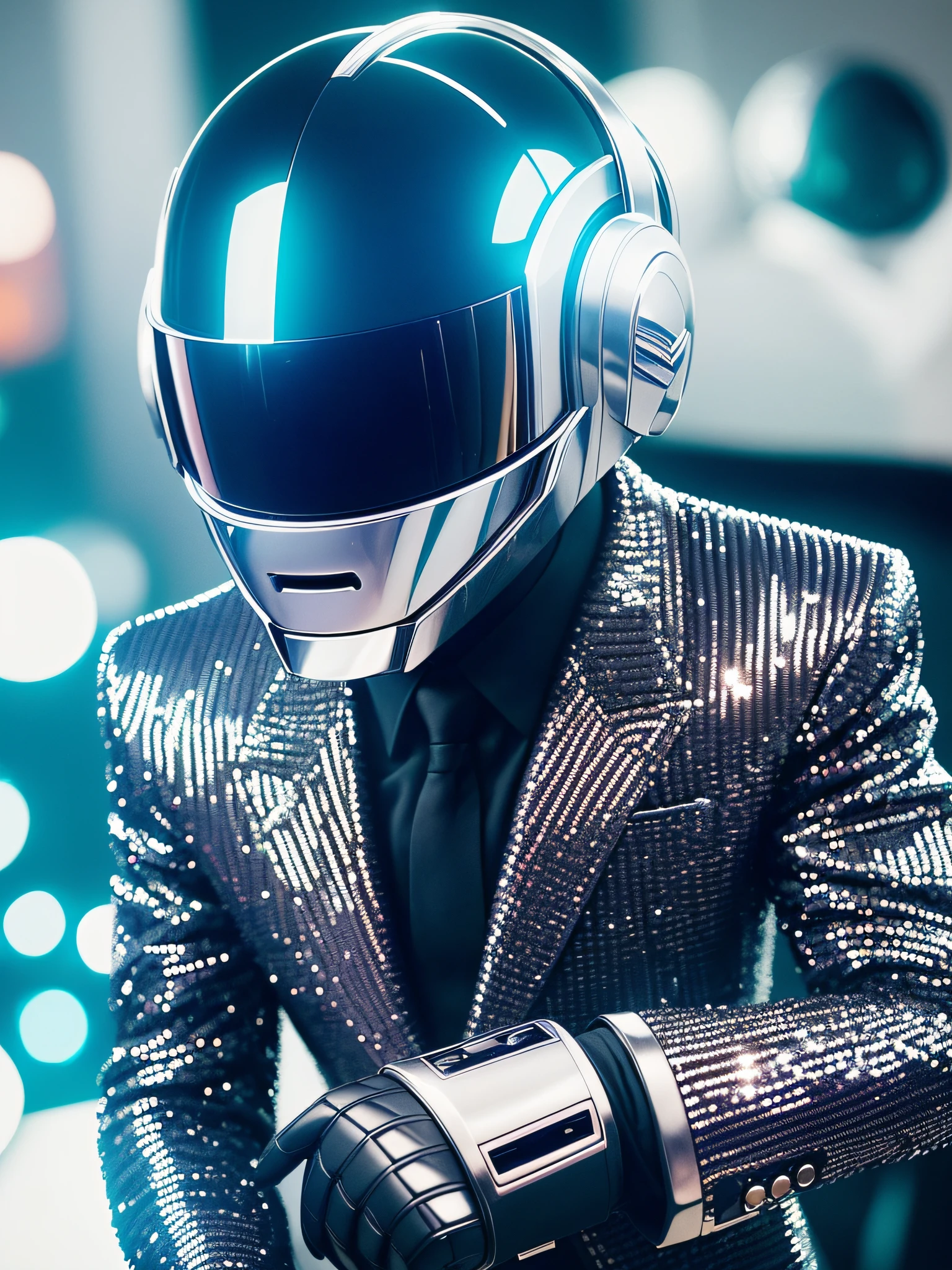a close up of a person wearing a suit and a helmet, a black and white photo, futurism, daft punk, mario testino, sequins, k high definition, high-detaild, pepper, shady, performing, pleasure, moonwalker photo, ((intricate details)), ((intricate details, hyper detail)), cinematic frame, epic realistic
