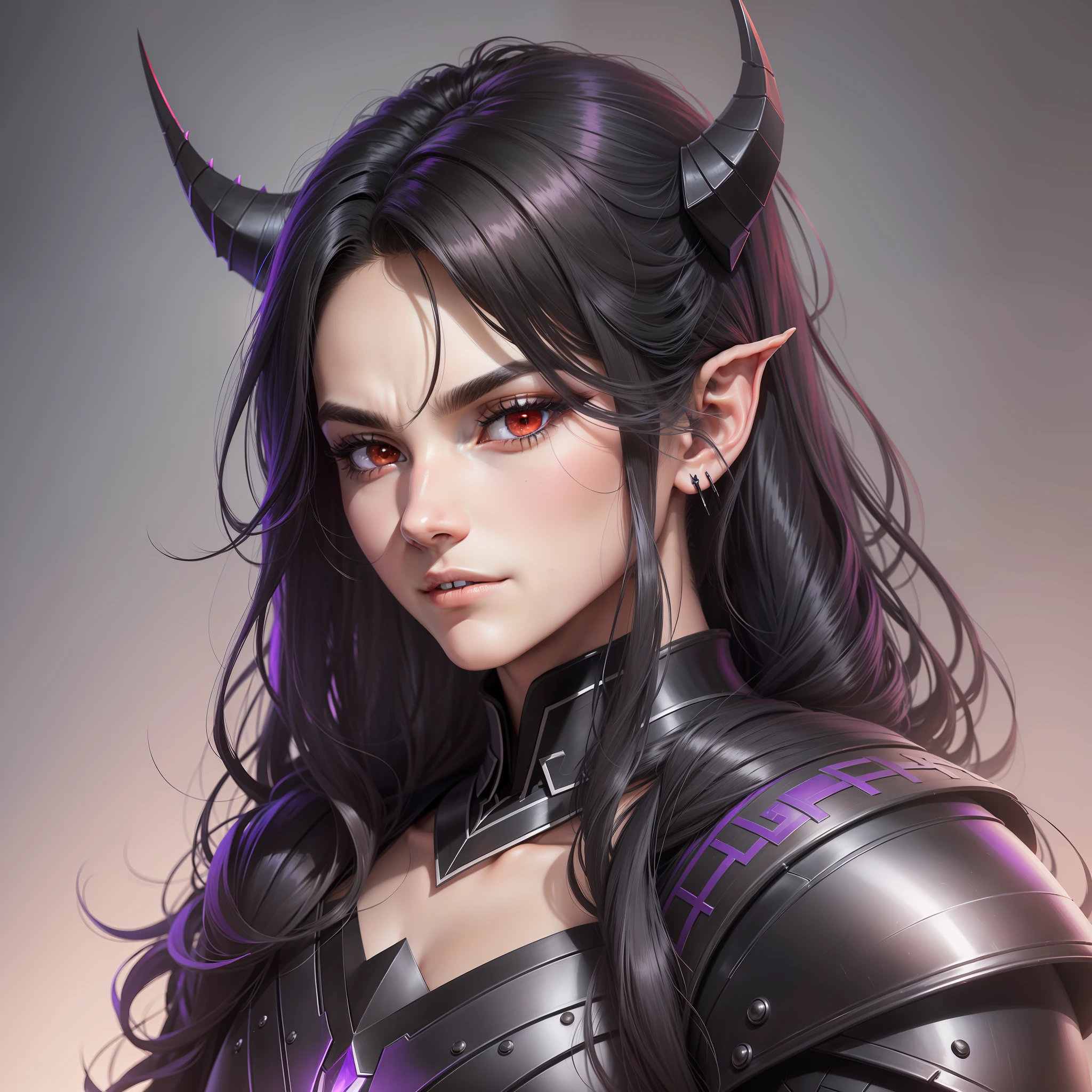 A Young, 4K, Artwork, Detailed, Perfect, Serene Face, Dark Look, Serious Look Without a Smile, Heterochromia, Red Right Eye, Violet Left Eye, Long Beautiful Shaggy Hair, Black Hair Like Darkness, Black Suit, Slightly Pointed Ears, Vibrant Black Draconic Horns, Jovial Face, No Facial Wrinkles, No Facial Hair, No Beard, No Goatee, No Mustache, Smooth Face, Perfect Face, Black Armor