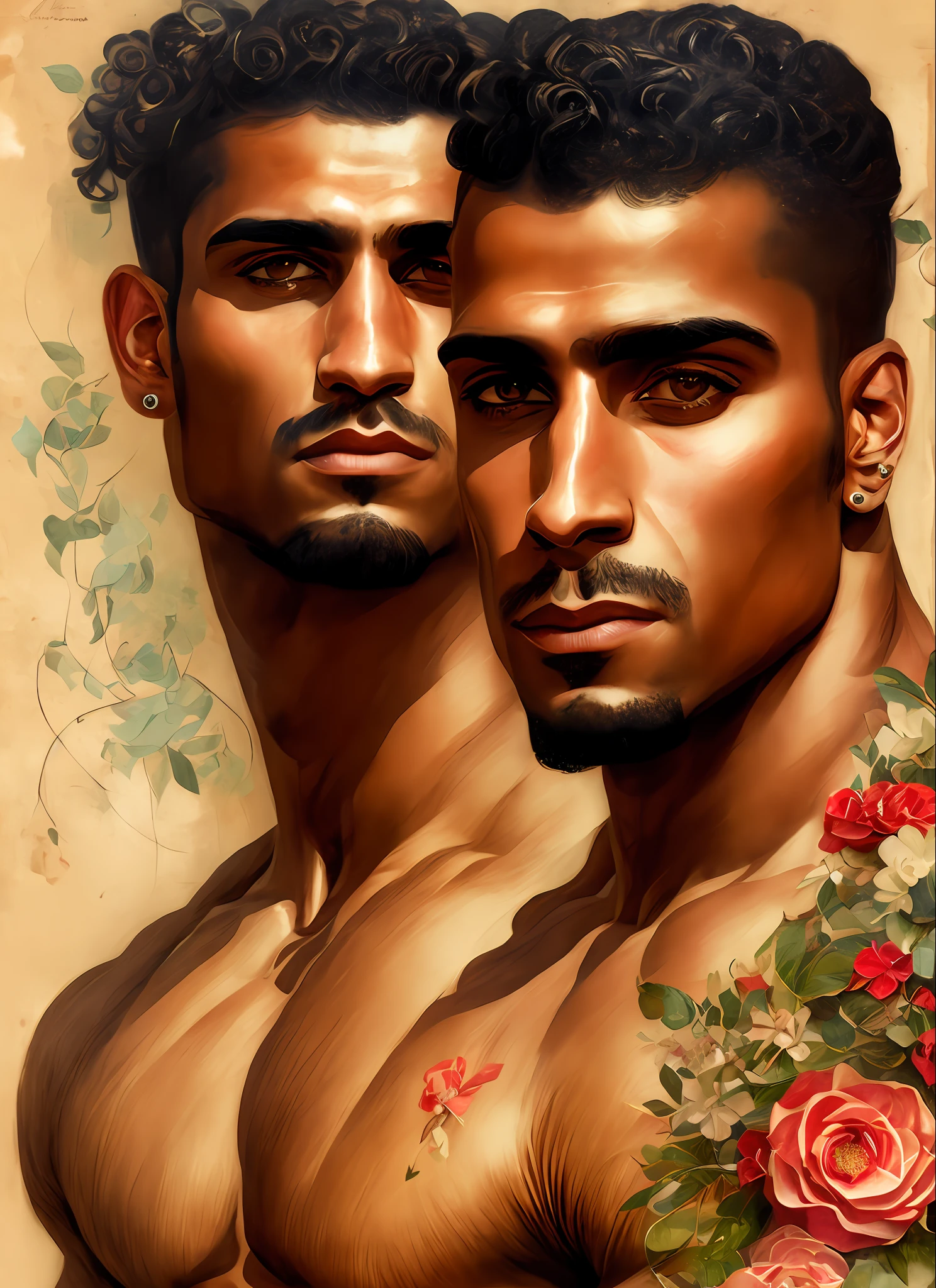 Charlie Bowater realistic Lithography sketch portrait of a shirtless muscular Bodybuilder arabic man, flowers, [gears], pipes, dieselpunk, multi-colored ribbons, old paper texture, highly detailed, double cleft chin