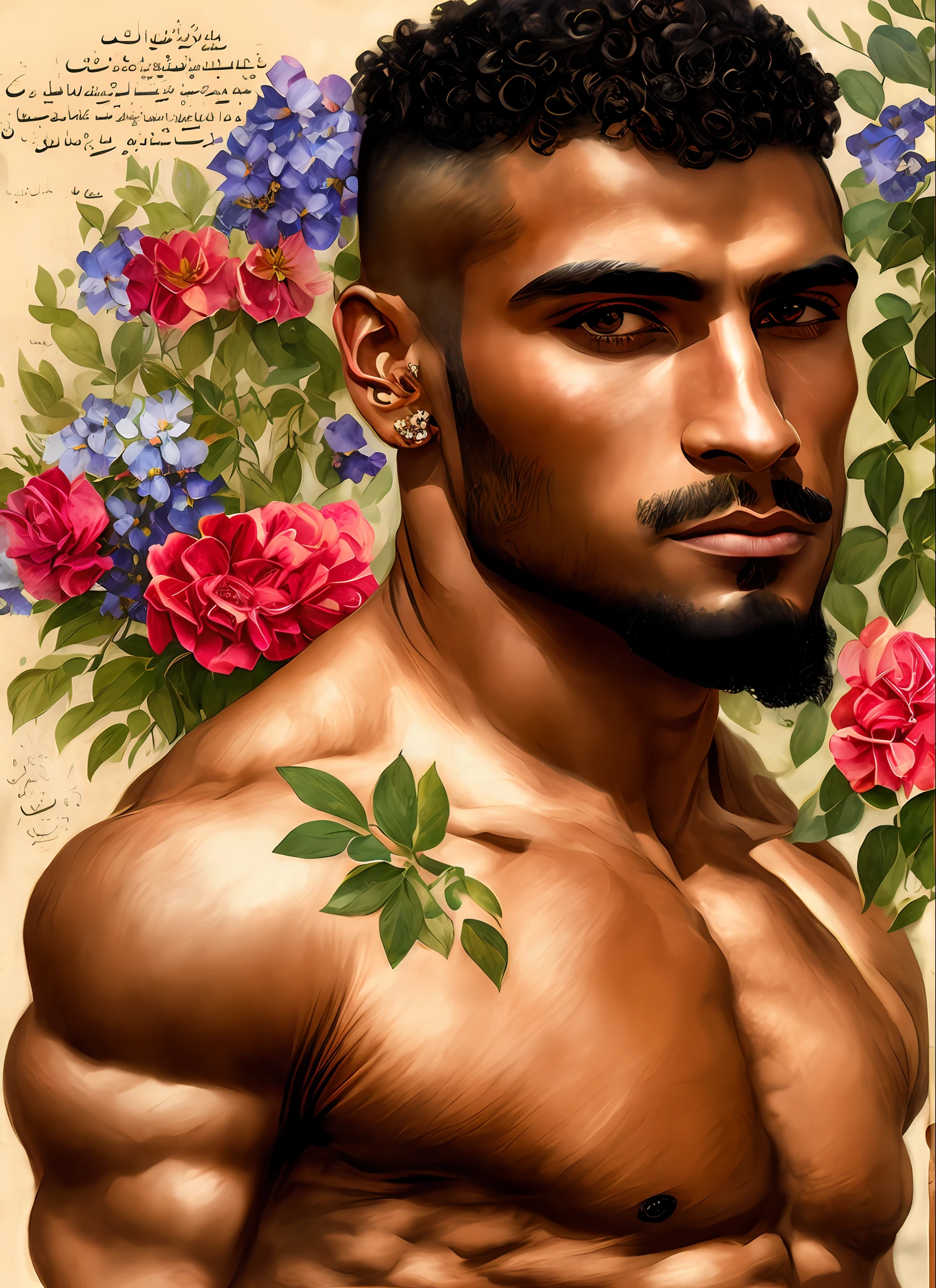 Charlie Bowater realistic Lithography sketch portrait of a shirtless muscular Bodybuilder arabic man, flowers, [gears], pipes, dieselpunk, multi-colored ribbons, old paper texture, highly detailed, double cleft chin