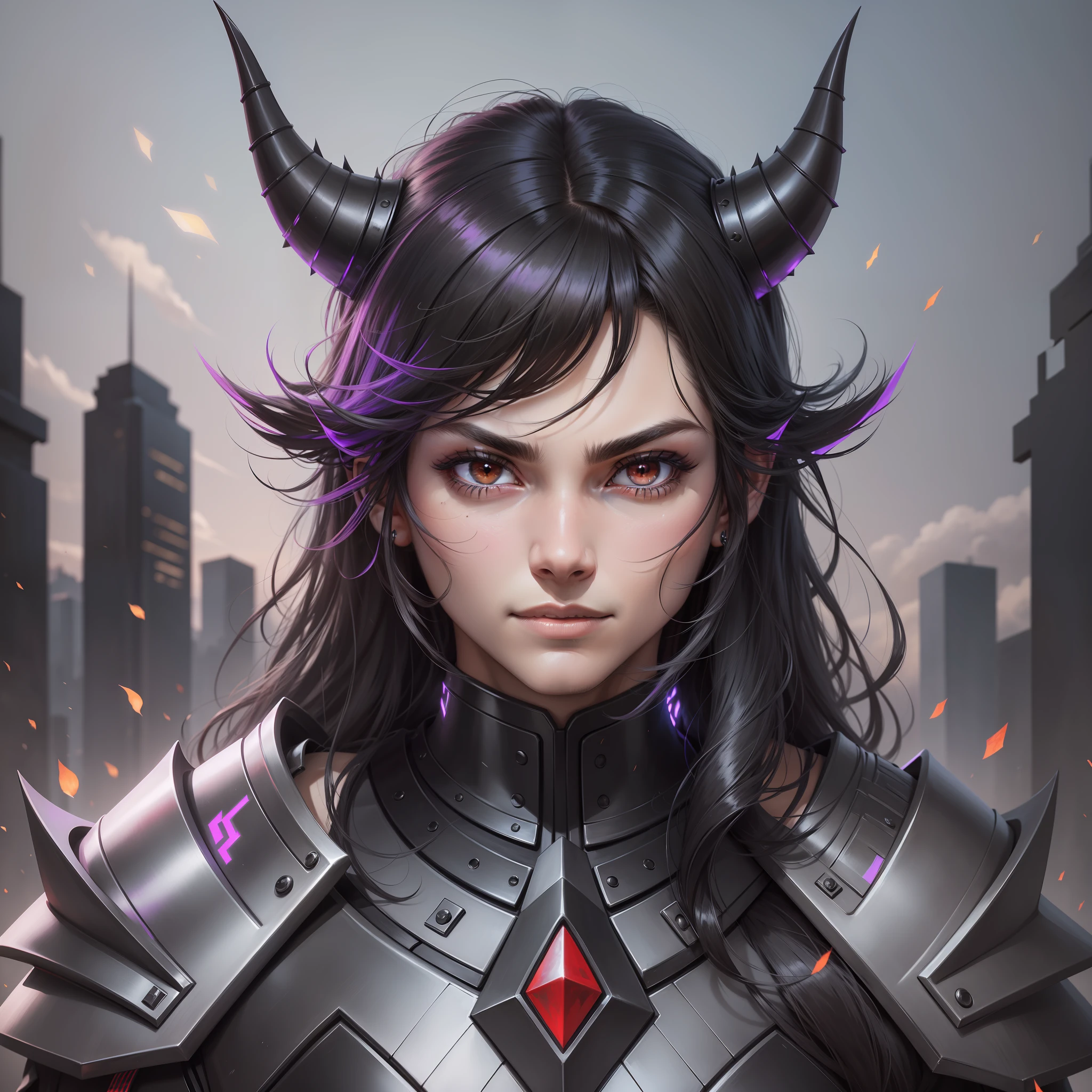 A Young, 4K, Artwork, Detailed, Perfect, Serene Face, Dark Look, Serious Look Without a Smile, Heterochromia, Red Right Eye, Violet Left Eye, Long Beautiful Shaggy Hair, Black Hair Like Darkness, Black Suit, Slightly Pointed Ears, Vibrant Black Draconic Horns, Jovial Face, No Facial Wrinkles, No Facial Hair, No Beard, No Goatee, No Mustache, Smooth Face, Perfect Face, Black Armor