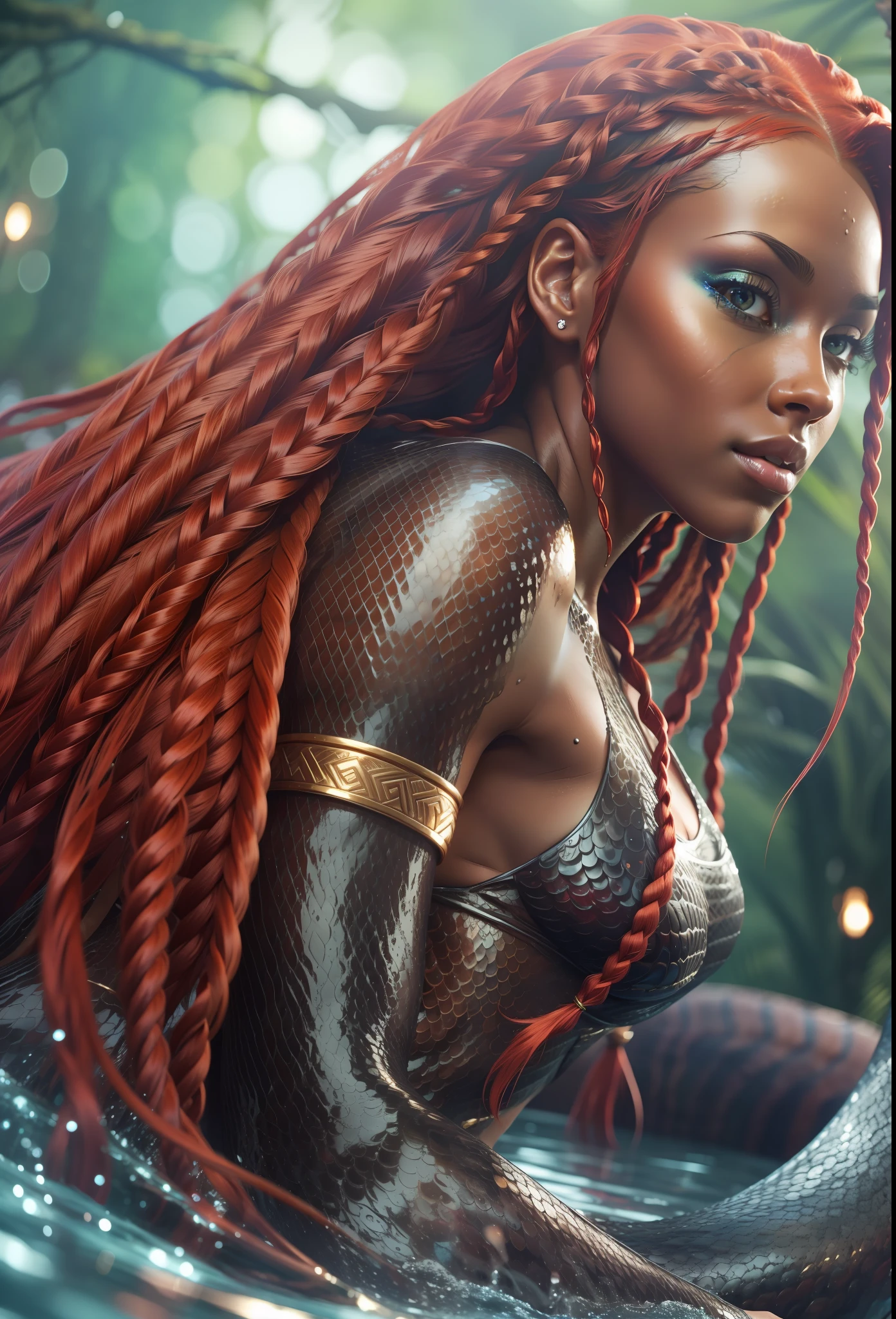 Black mermaid with red braids in long hair, beautiful movie scene, amazing and detailed, best quality, dynamic pose, attractive angle, realistic texture, hair highlight, depth of field, rich contrast.