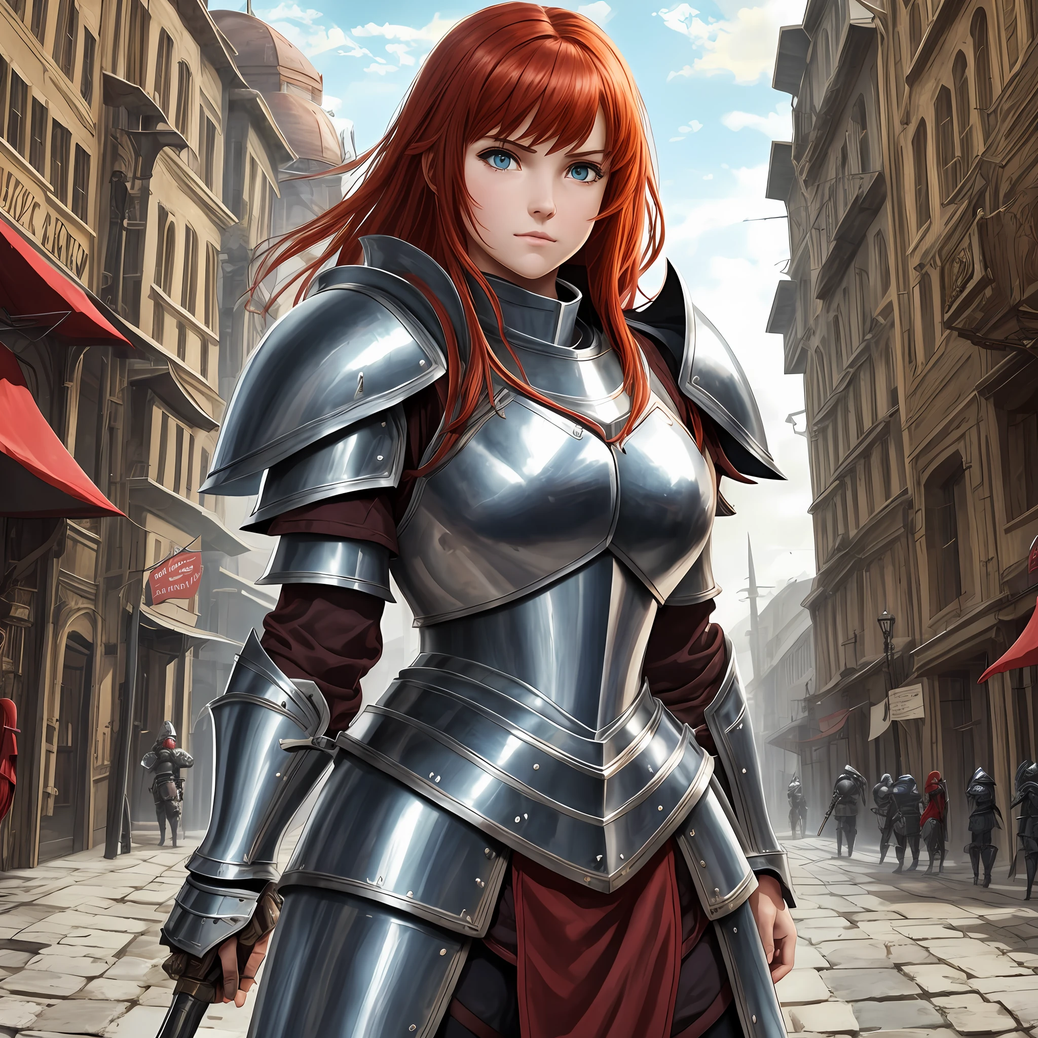 Girl in heavy knight armor, heavy plate armor, heavy plate armor, red head girl in heavy paladin armor --auto --s2