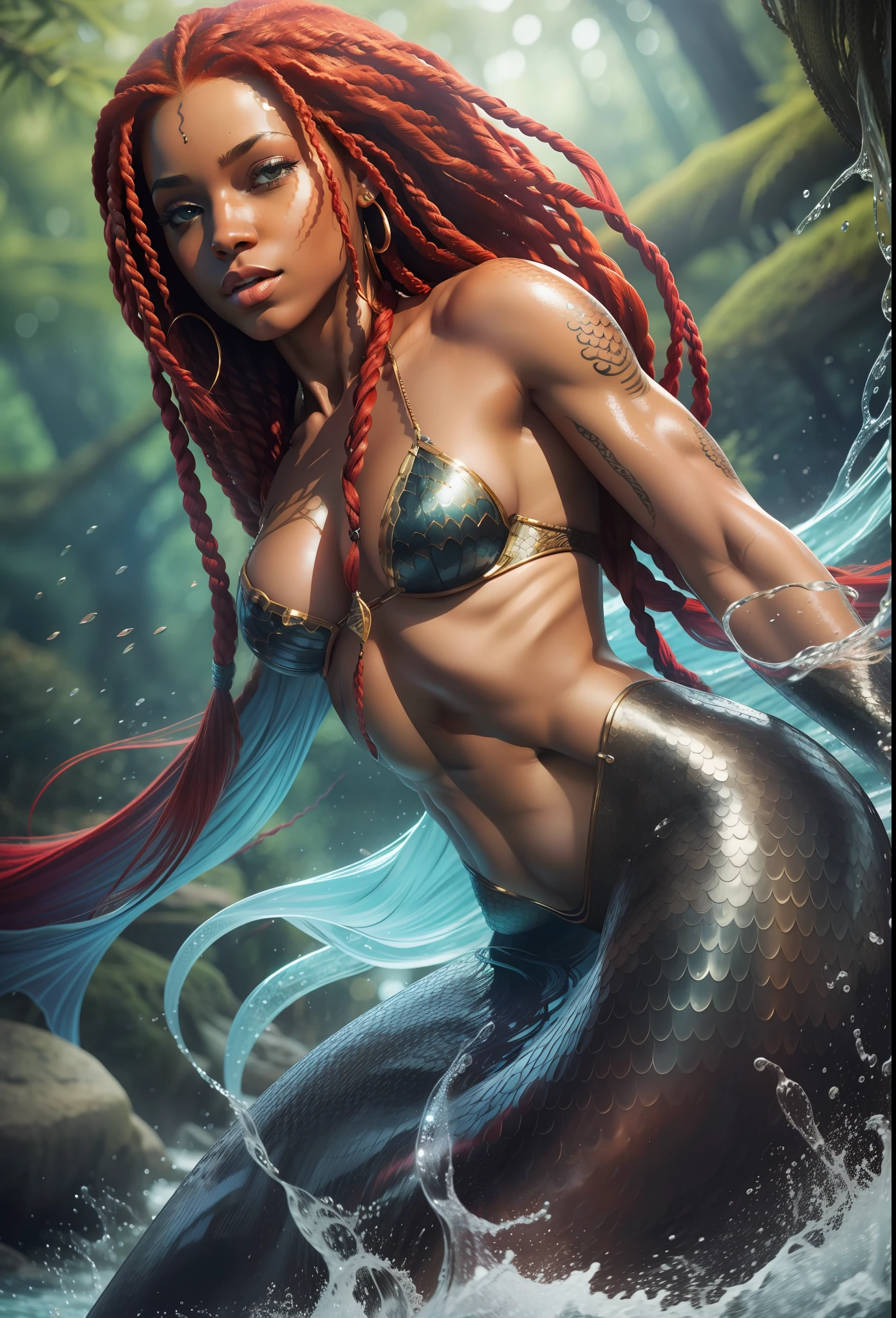 Black mermaid with red braids in long hair, beautiful movie scene, amazing and detailed, best quality, dynamic pose, attractive angle, realistic texture, hair highlight, depth of field, rich contrast.