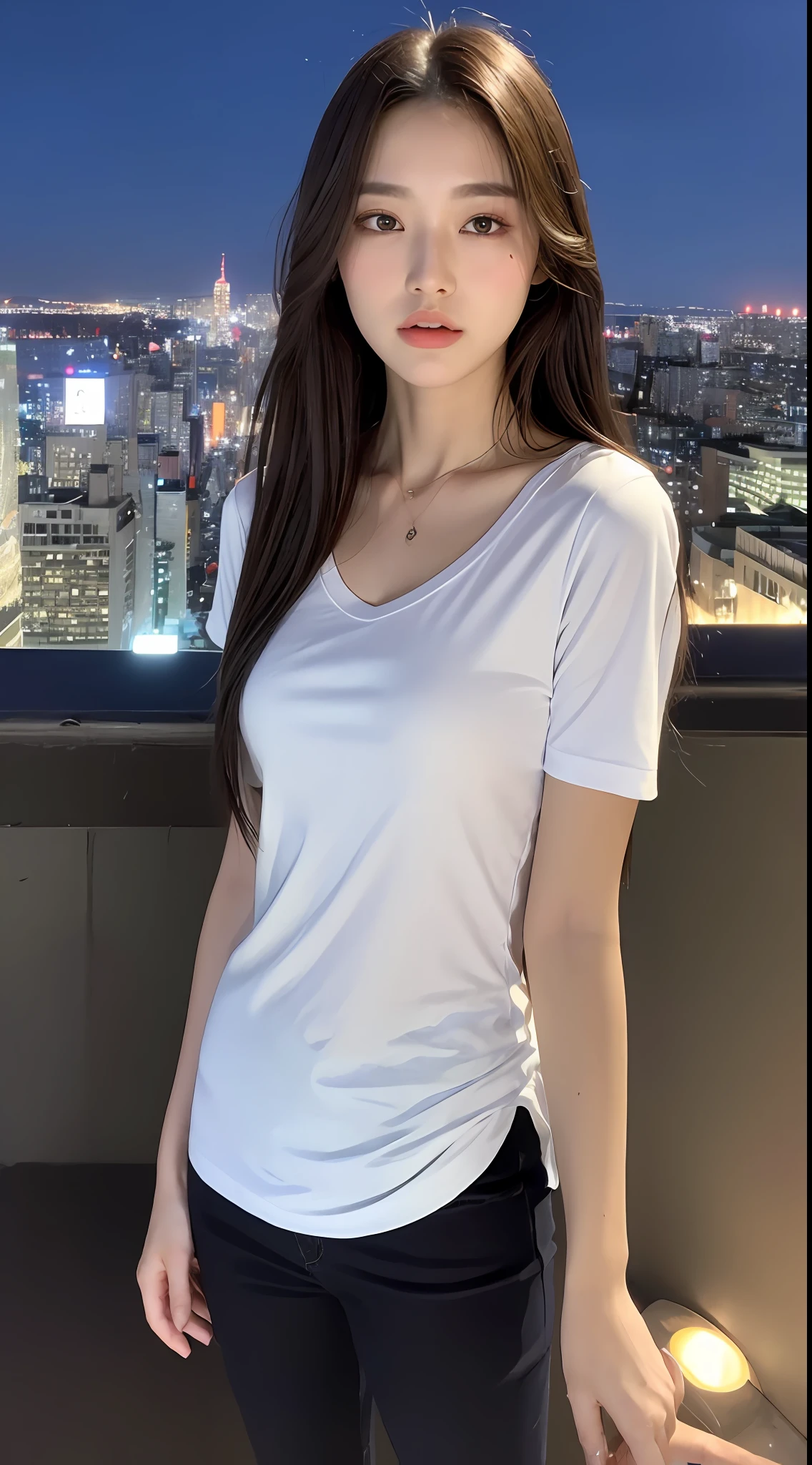 ((Midnight, Best Quality, 8k, Masterpiece: 1.3)), Full Body, Long Legs, Sharp Focus: 1.2, Pretty Women with Perfect Figure: 1.4, Slender Abs: 1.1, ((Dark Brown Hair, Breasts: 1.1)), (White Tight T-Shirt, Standing: 1.2), ((Night City View, Rooftop: 1.3)), Highly Detailed Face and Skin Texture, Detailed Eyes, Double Eyelids
