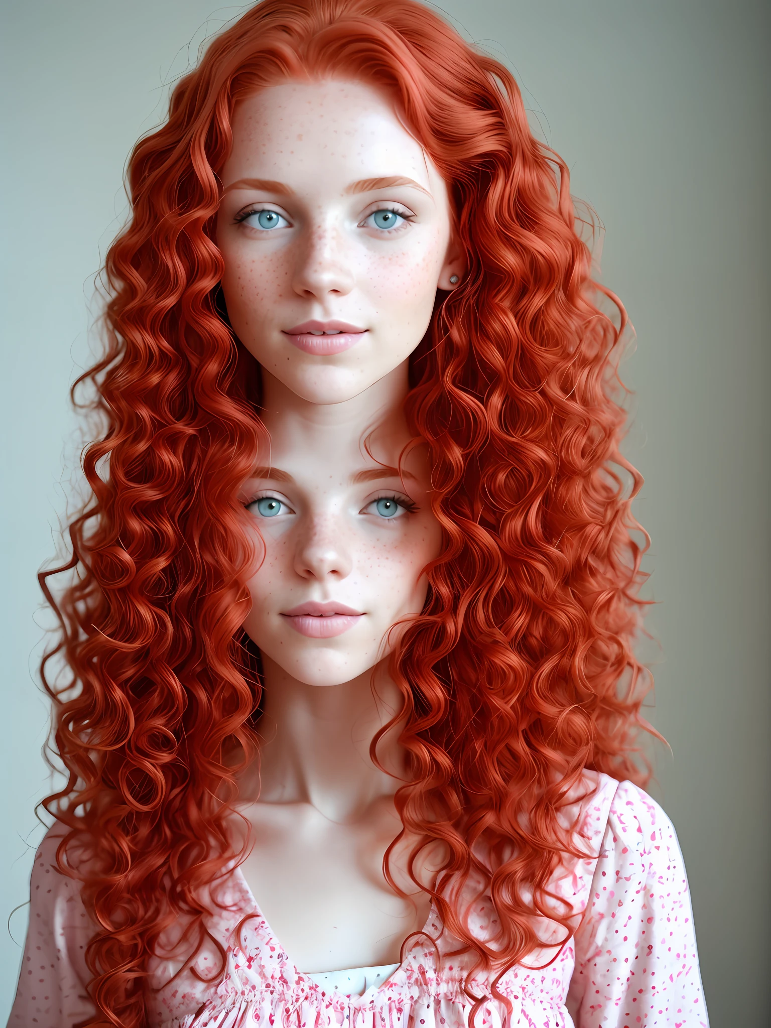 Red-haired woman with long curly hair. Light skin with many freckles. Rosy cheeks. Slim with 1.60cm. Lips slightly fleshy and pink. Light blue eyes and slightly melancholy. Light pink dress on linen fabric