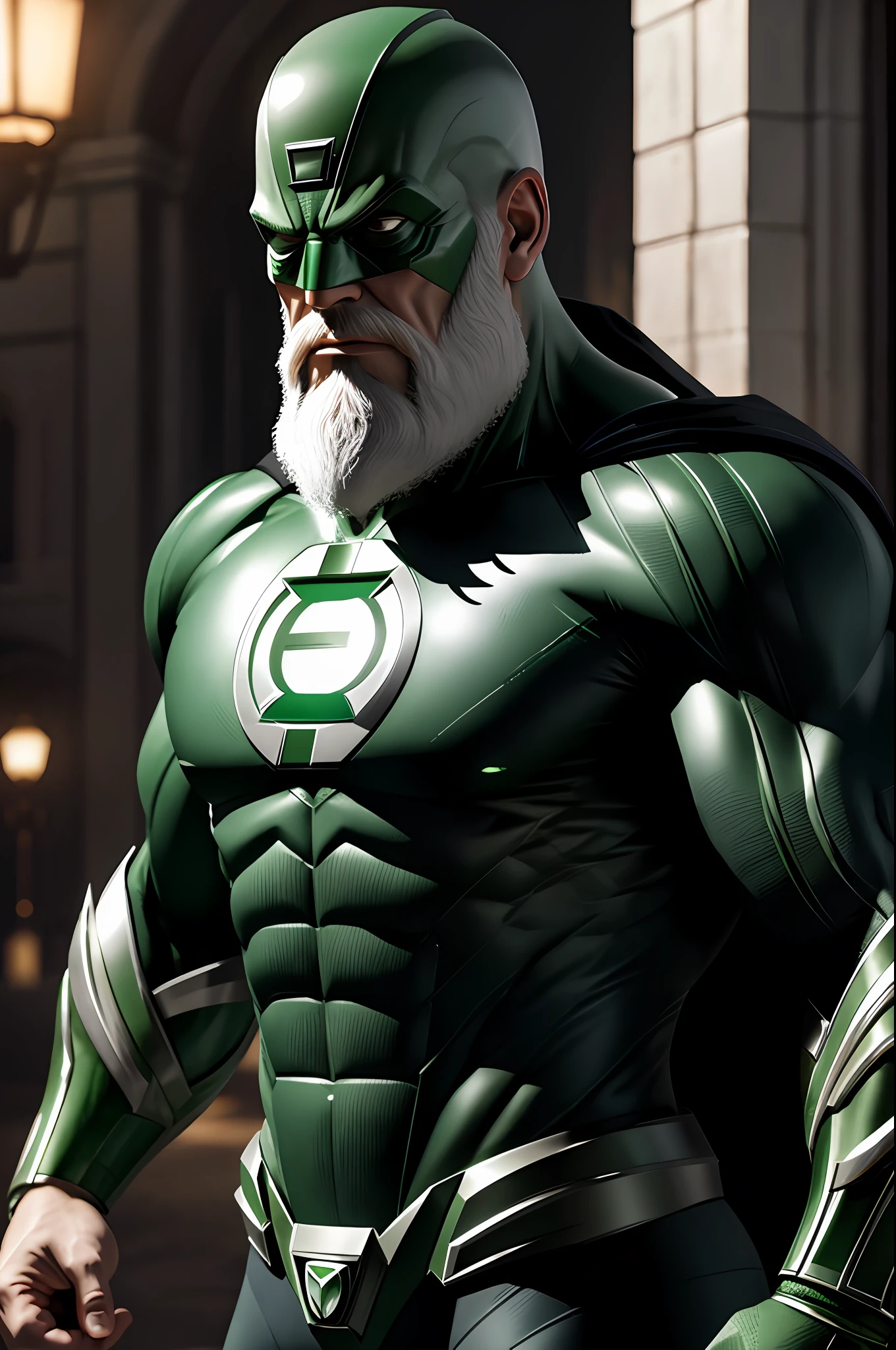 (8k, RAW photo, best quality, masterpiece: 1.2), ultra detailed, official art, photo-realistic: 1.37, upper body shot, DC Green Lantern, film grain, action pose, bald man, white beard