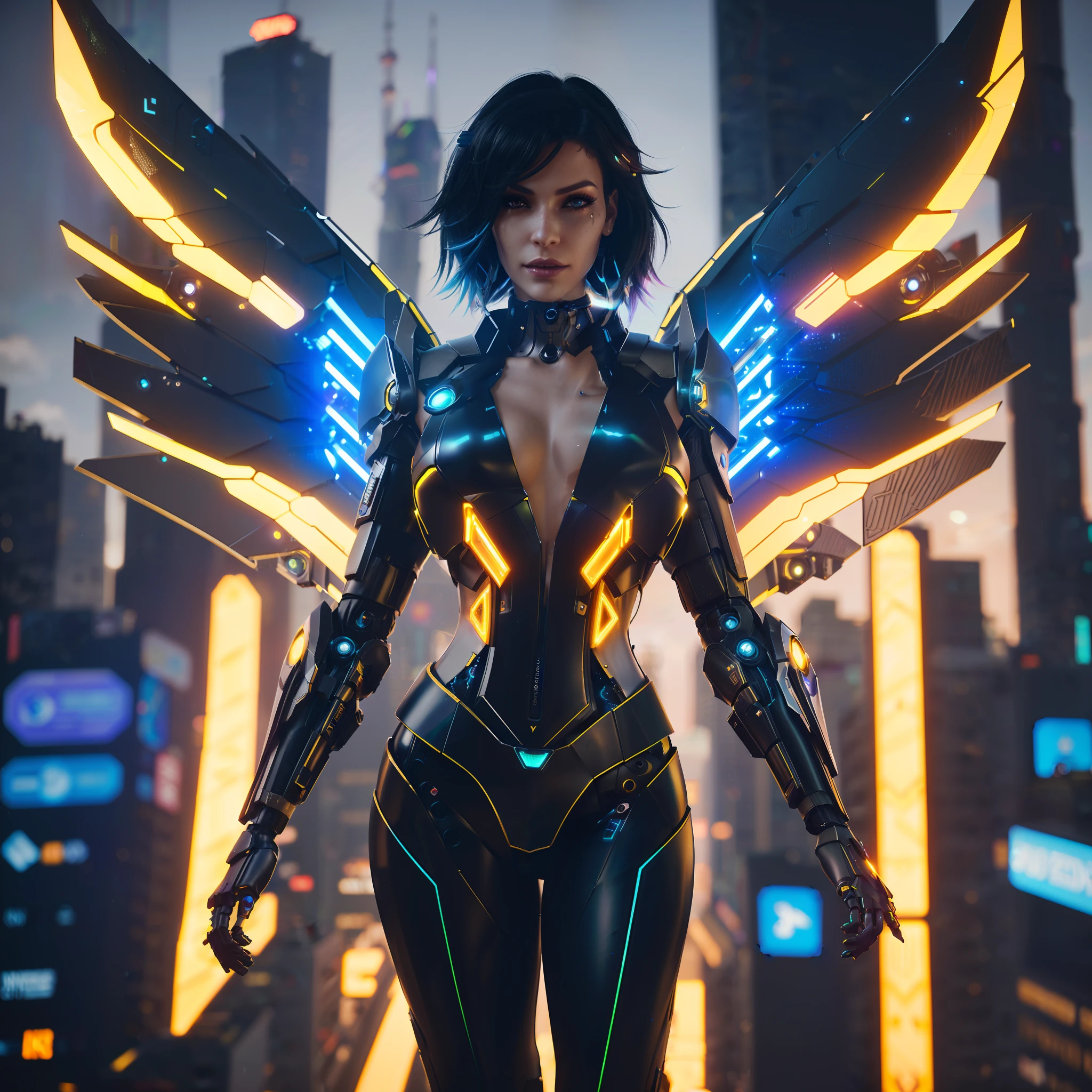 arafed woman in a futuristic suit with wings and glowing lights, beautiful cyborg angel girl, cyberpunk cyborg wasp, cyberpunk angry gorgeous goddess, cyberpunk 2 0 y. o model girl, female cyberpunk anime girl, futuristic robot angel, 3 d render character art 8 k, cyberpunk beautiful girl, beautiful cyberpunk woman model, cyberpunk bee, cyberpunk judy alvarez