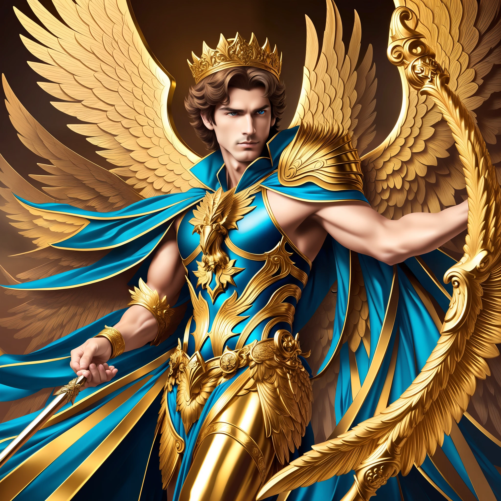 Create a regal and majestic masculine angel with three brightly-colored wings that catch the eye, elegantly holding a golden scepter. The angel should be draped in a dark blue cloak to create a sense of mystery and grandeur.