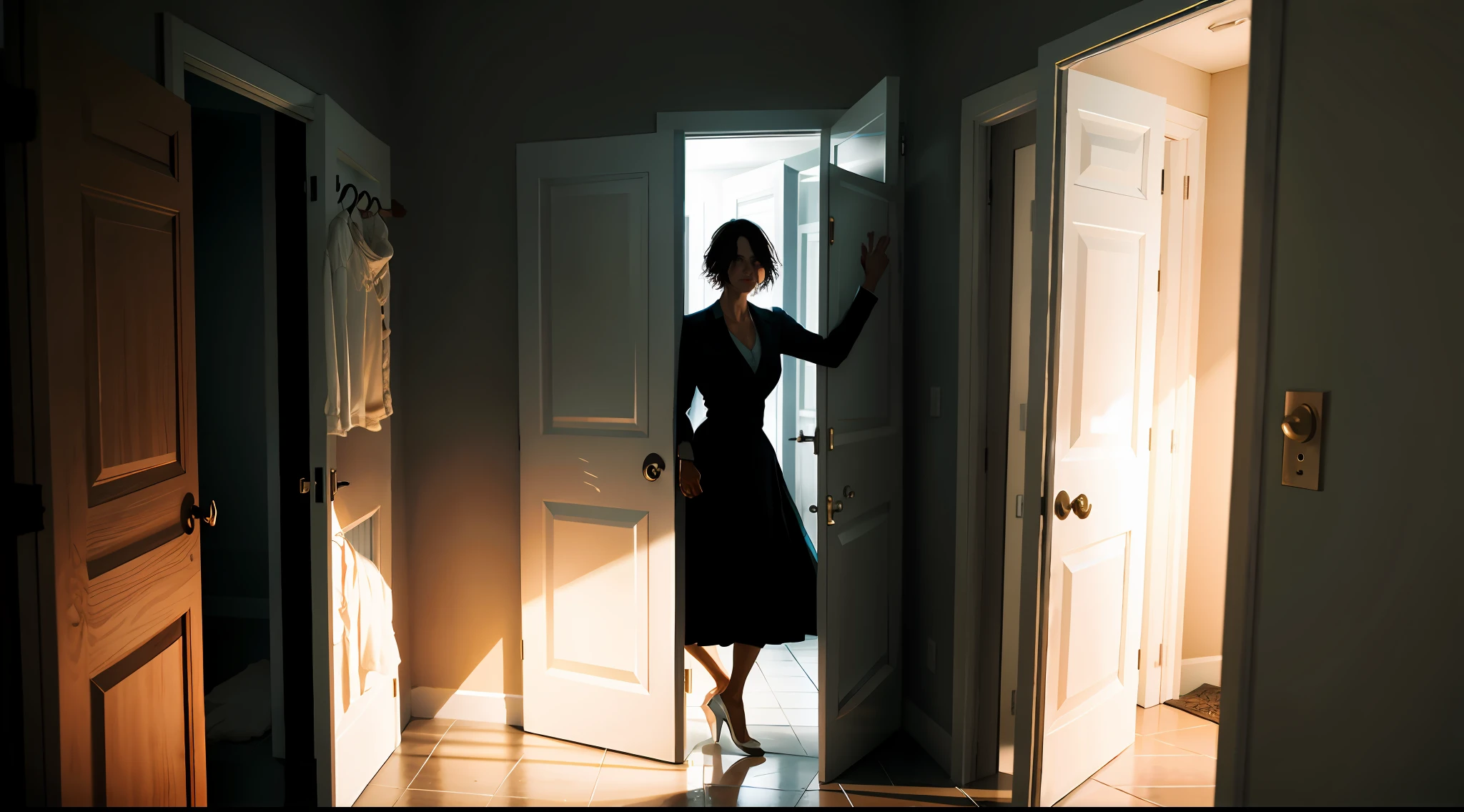 Dark room and a woman opening the door