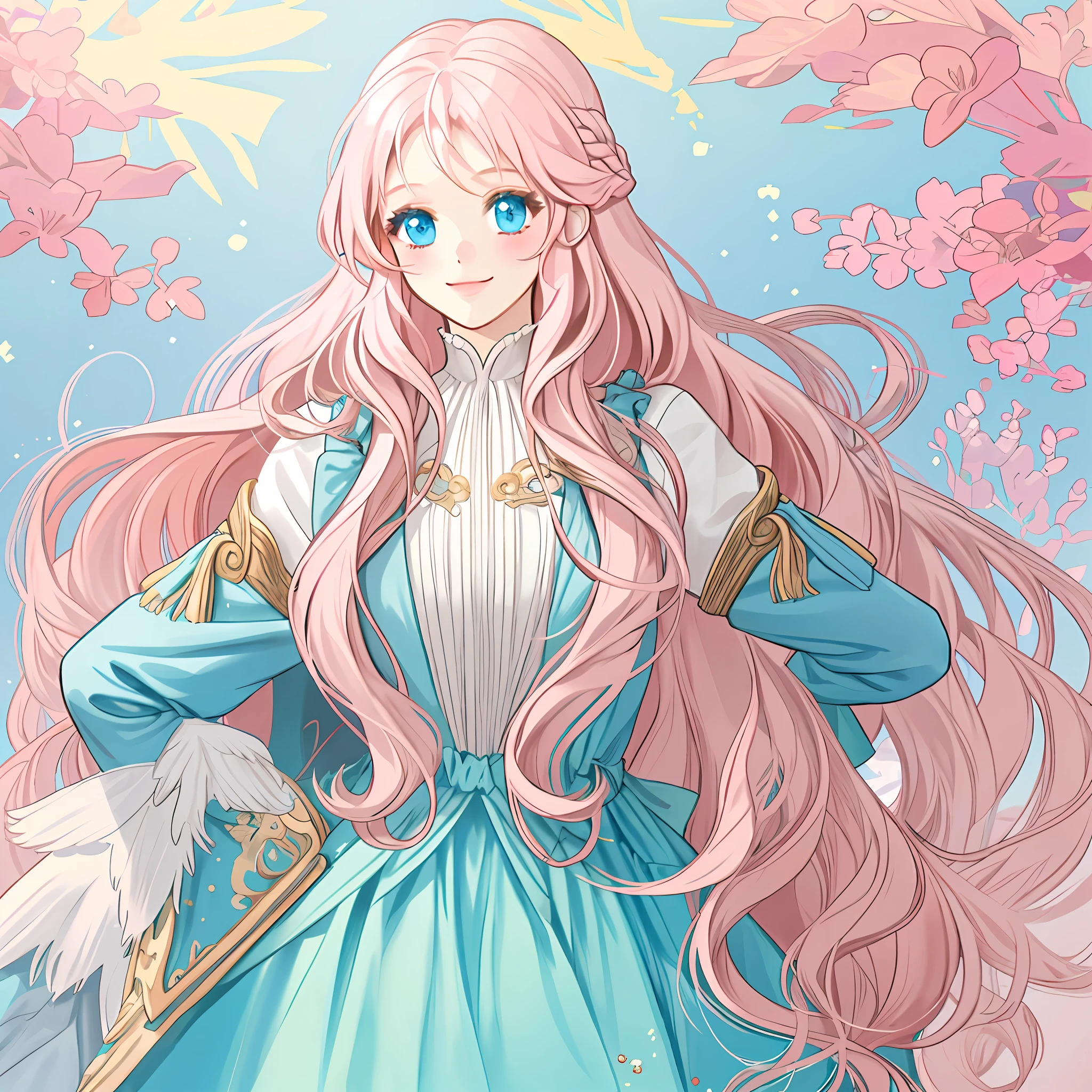 wavy long hair, light pink hair, 1 girl, colorful, portrait, light blue eyes, shy smile, illustration, cute, beautiful girl