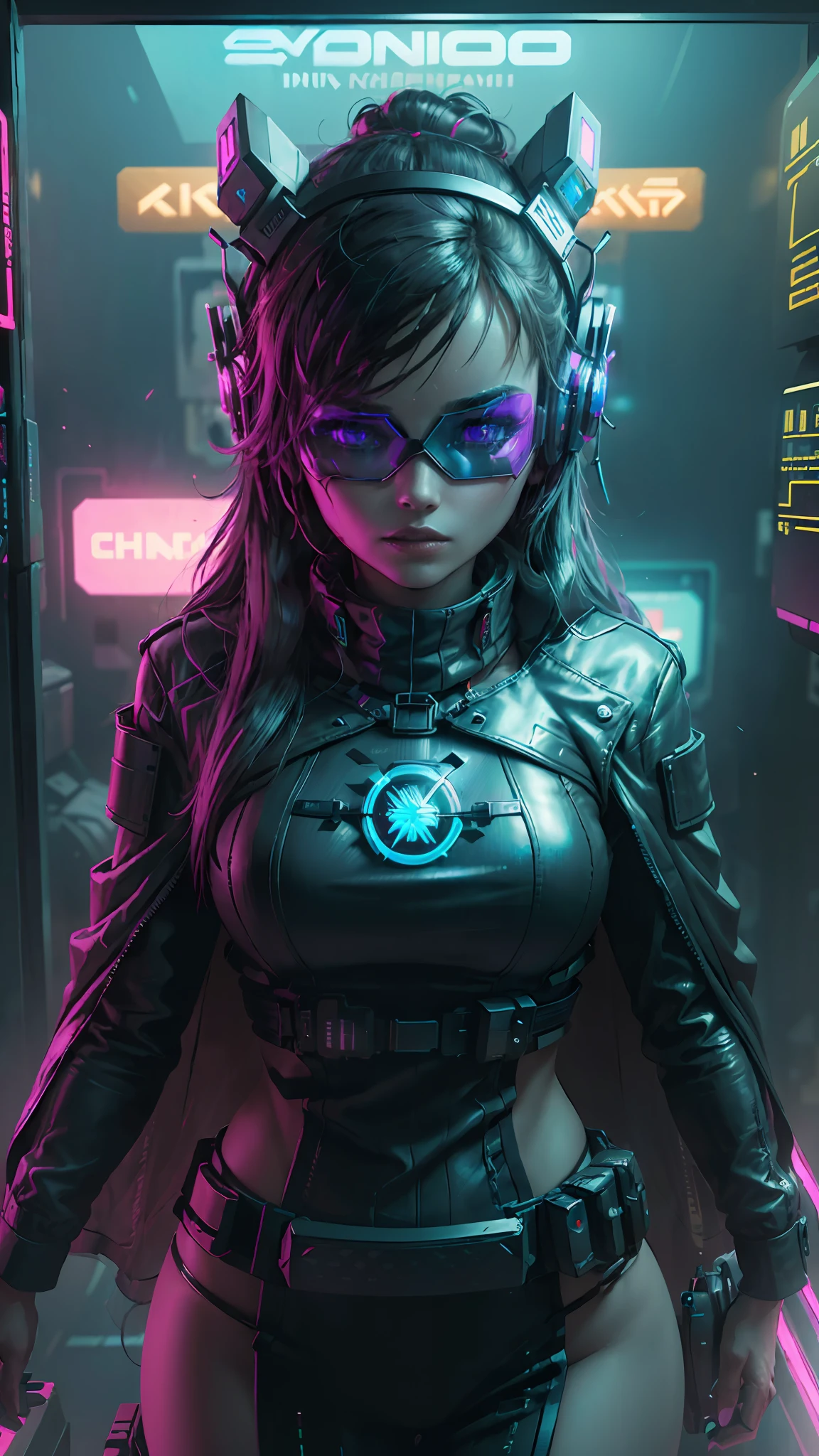 ((Best quality)), ((masterpiece)), (highly detailed:1.3), 3D,NeonNoir, beautiful cyberpunk woman,(wearing head-mounted display that is chunky and hi-tech:1.2),wearing a cape,hacking a computer terminal,PURPLE NEON LIGHT FROM MONITOR, GREEN NEON SIGNS ON THE WALL,