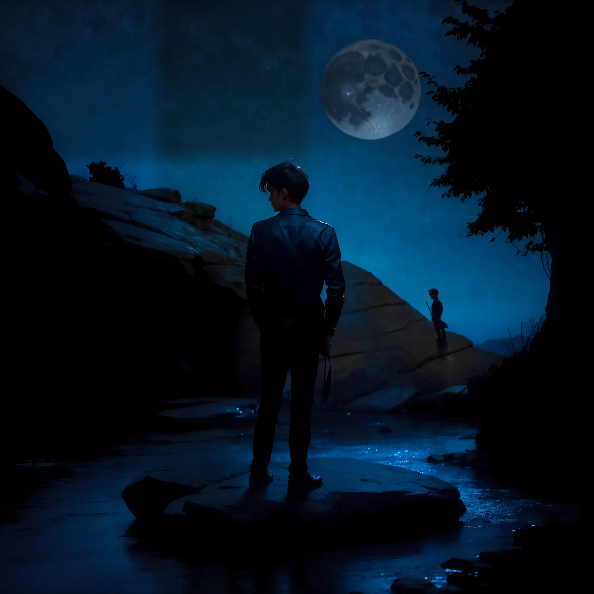  boy and his dog,  standing on an ancient rock, perfect body, dark cinematic, beautiful face ,night, dark night, blue moon,  ultra high quality, fireflies, magical, mysterious, full blue moon, photo realistic, silhouette, ultra hd, fireflies in the background, no lights