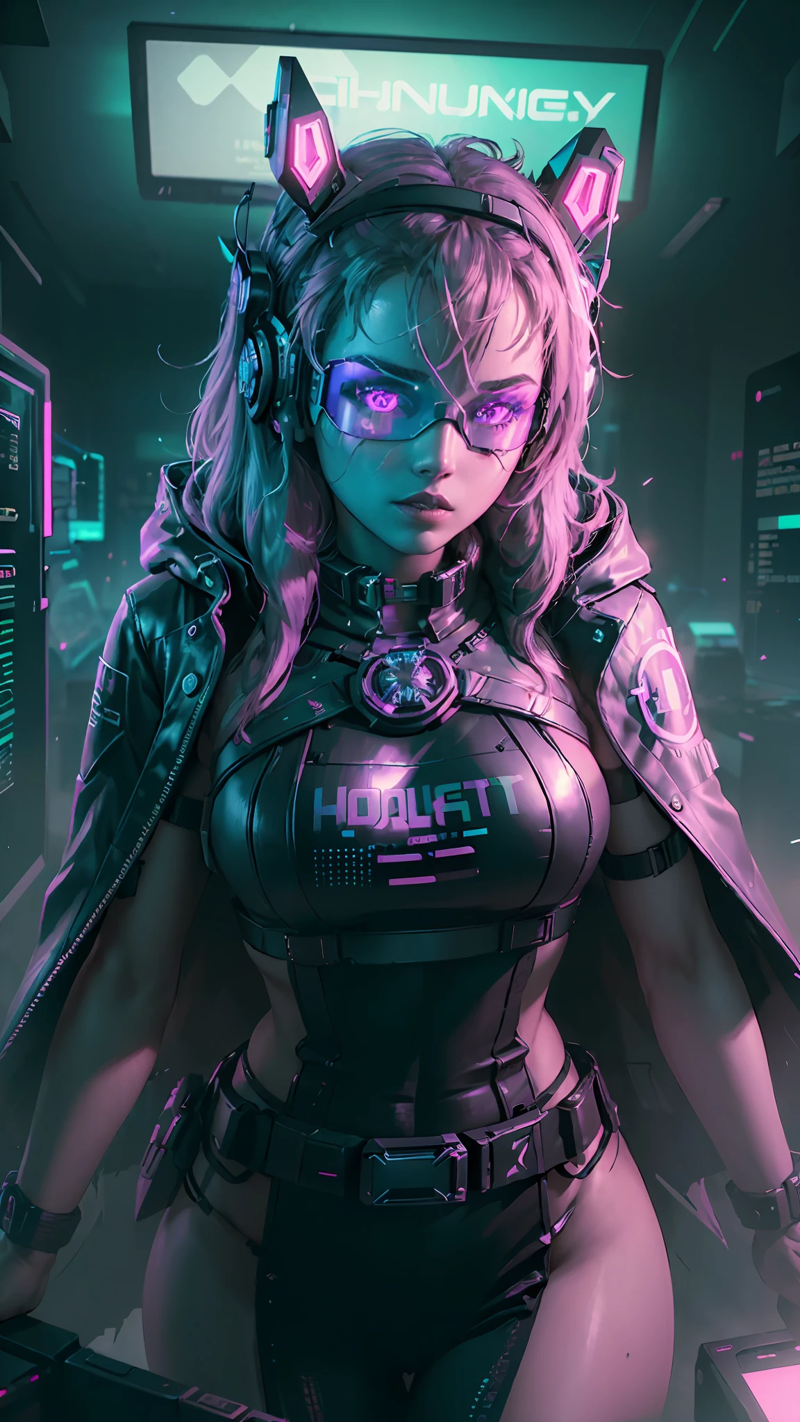 ((Best quality)), ((masterpiece)), (highly detailed:1.3), 3D,NeonNoir, beautiful cyberpunk woman,(wearing head-mounted display that is chunky and hi-tech:1.2),wearing a cape,hacking a computer terminal,PURPLE NEON LIGHT FROM MONITOR, GREEN NEON SIGNS ON THE WALL,