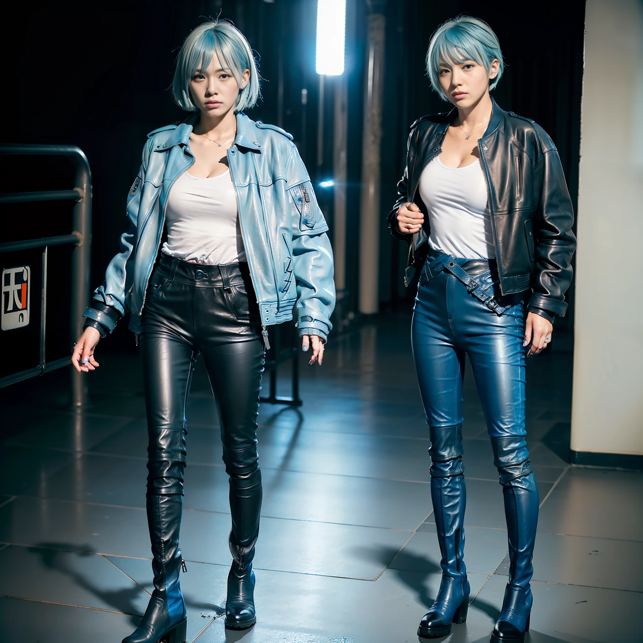 (((Masterpiece)))), ((Highest Quality))))), ((8K)))))), (Japan female), 18 years old, (Boyish)), ((Tall))))), (Super big breasts))))), camera gaze, (face focus))), (All light blue)))), (Light blue hair)))), (Short cut), (((Riders jacket) ), ((Leather Pants)), ((Leather Boots))