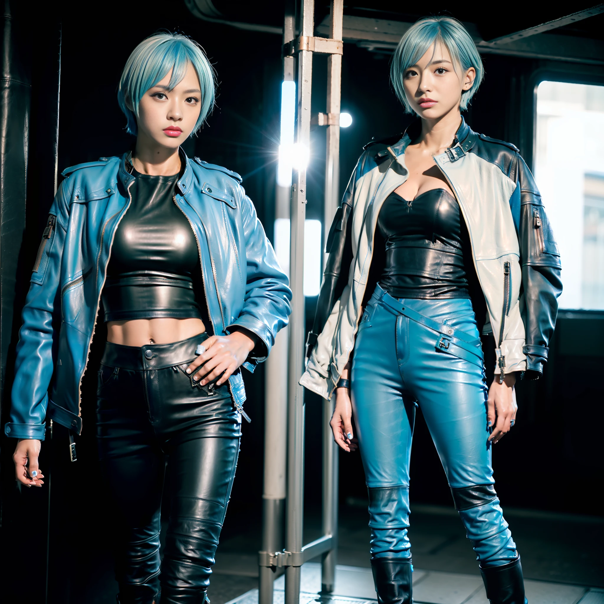 (((Masterpiece)))), ((Highest Quality))))), ((8K)))))), (Japan female), 18 years old, (Boyish)), ((Tall))))), (Super big breasts))))), camera gaze, (face focus))), (All light blue)))), (Light blue hair)))), (Short cut), (((Riders jacket) ), ((Leather Pants)), ((Leather Boots))