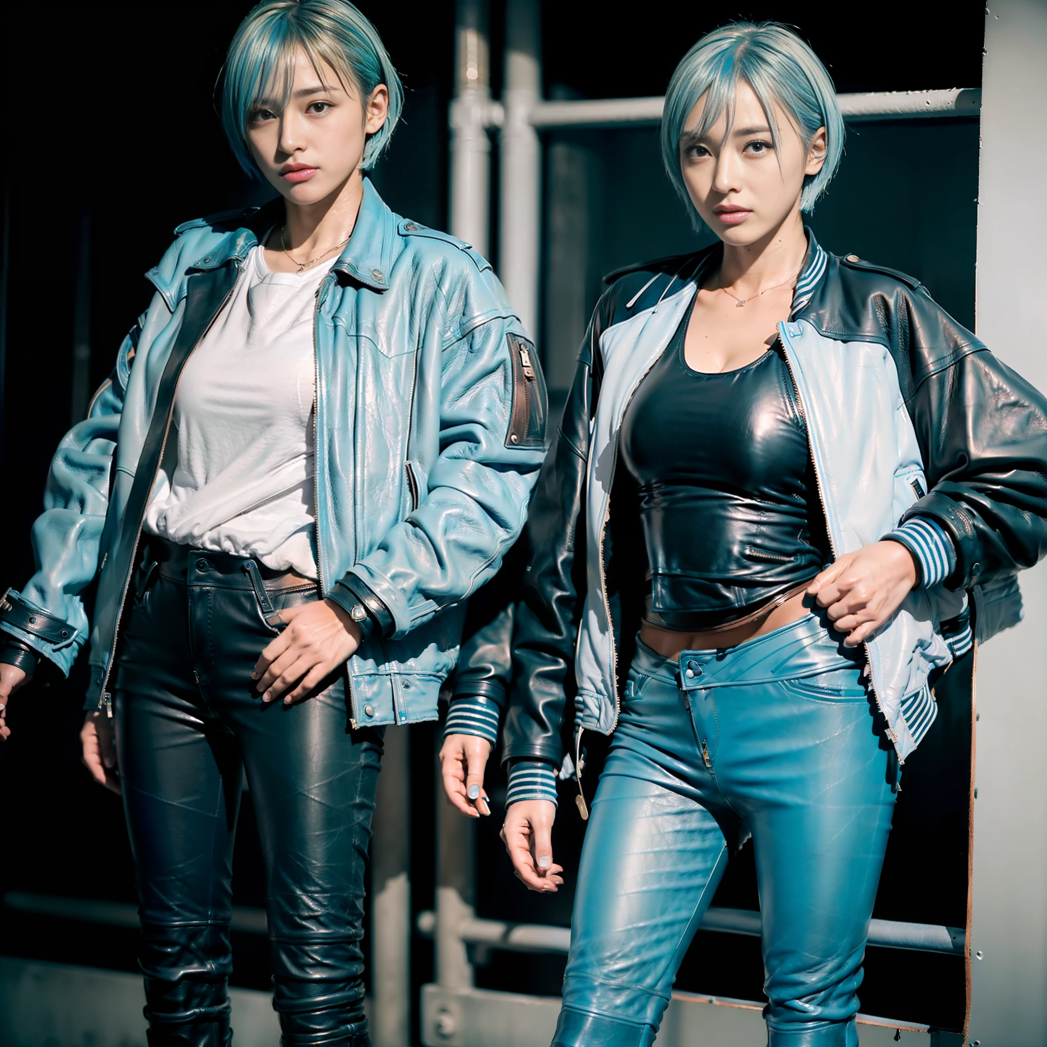 (((Masterpiece)))), ((Highest Quality))))), ((8K)))))), (Japan female), 18 years old, (Boyish)), ((Tall))))), (Super big breasts))))), camera gaze, (face focus))), (All light blue)))), (Light blue hair)))), (Short cut), (((Riders jacket) ), ((Leather Pants)), ((Leather Boots))