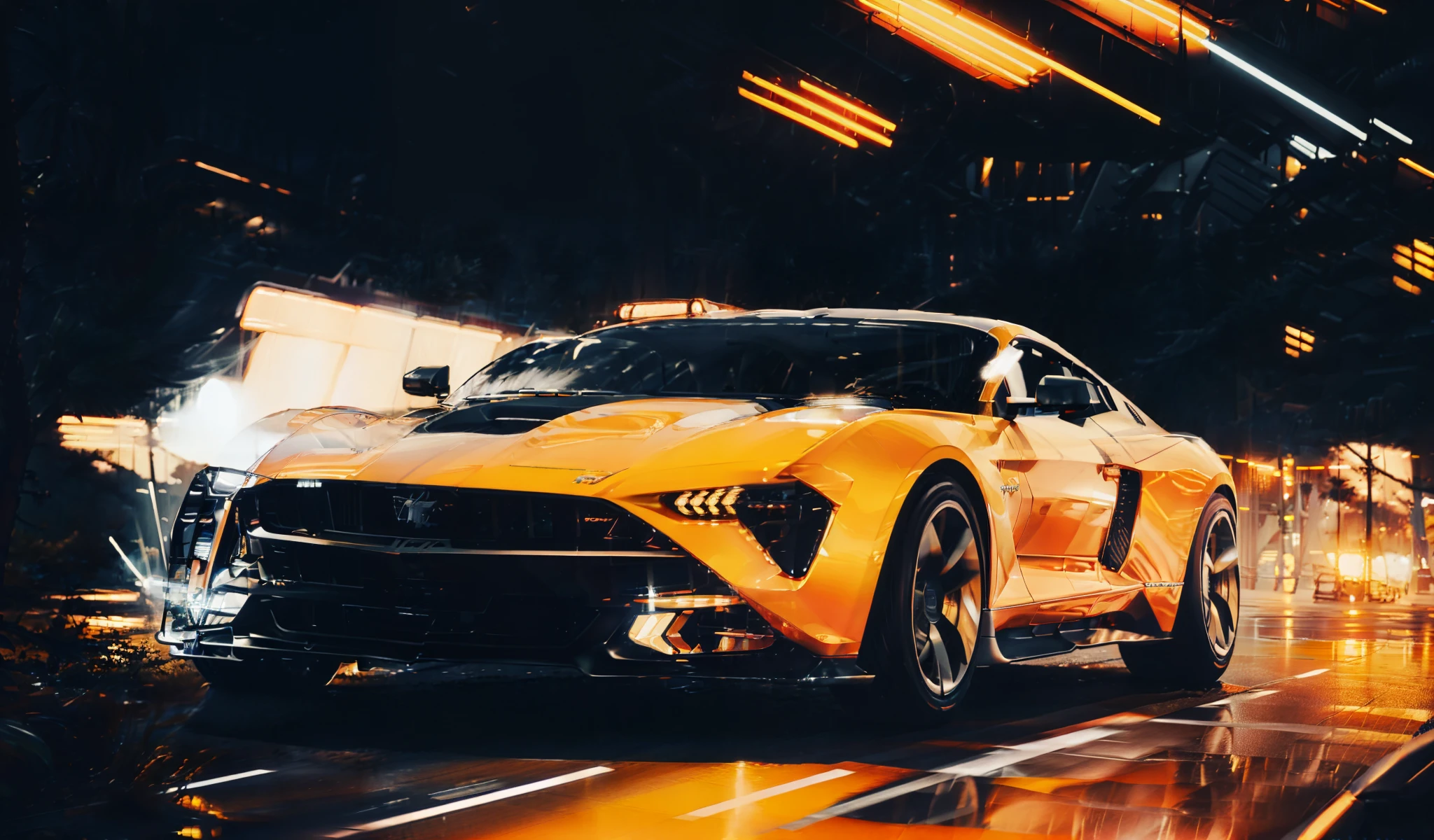 1Mustang Style Hyper Speed 1Car, through the commercial photo forest, speeding down a neon-lit road at night, with a sleek and sporty vibe, highly detailed, digital painting, Artstation, concept art, sharp focus, by artists such as Daniel Simon, Scott Robertson and Syd Mead, film, 4k, volumetric lighting (good composition), (in frame), centered, 8k, 4k, detailed, attractive, beautiful, impressive. DSLR , , , , q1