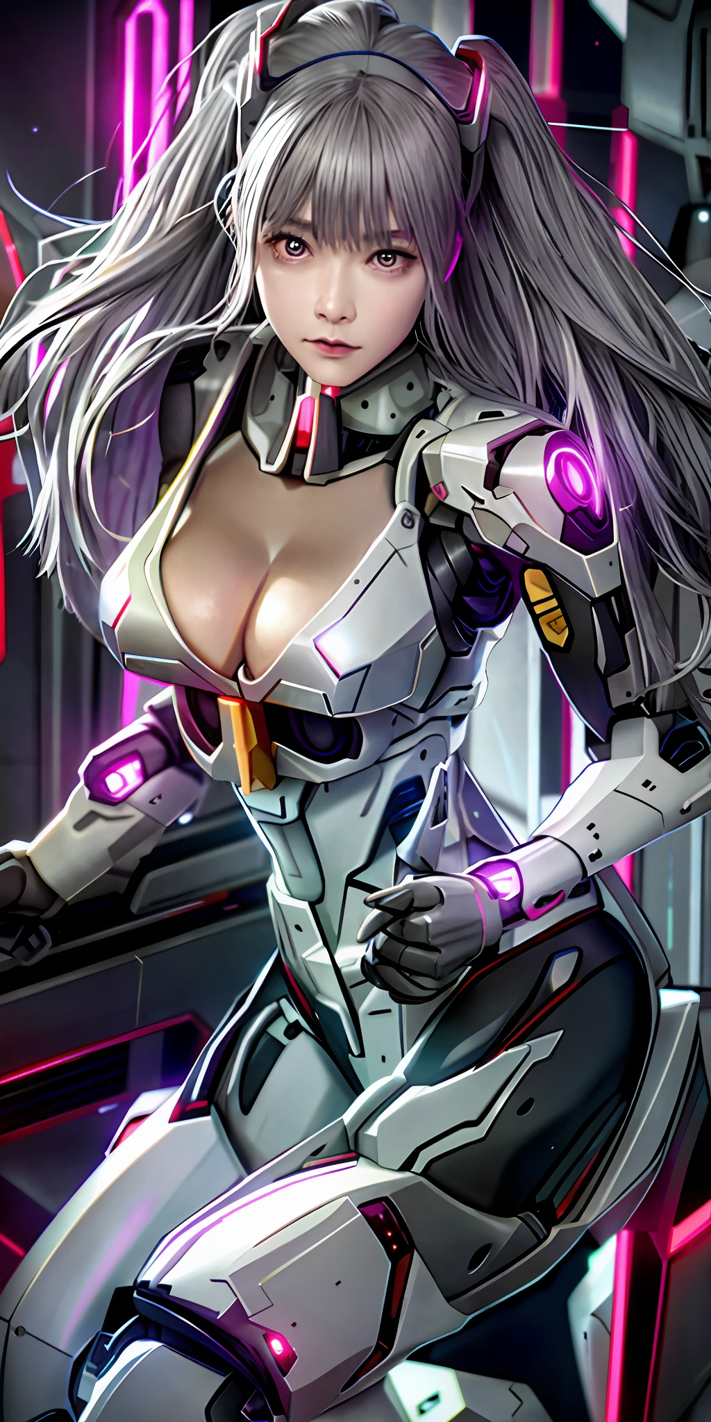 Masterpiece, (Photorealistic: 1.4), Top Quality, Beautiful Lighting, (ulzzang-6500:0.5), (Gray Hair) + (Long Hair) + (Bangs), Purple Eyes, Glowing Eyes, (Gundam Robot Suit), (), Cleavage Exposed Big, GUNDAM RX78, Dense Machine Parts, Tube Lines, Fine LED Lamps, Detailed Neon, RAW Photos, 8k UHD, Film Grain