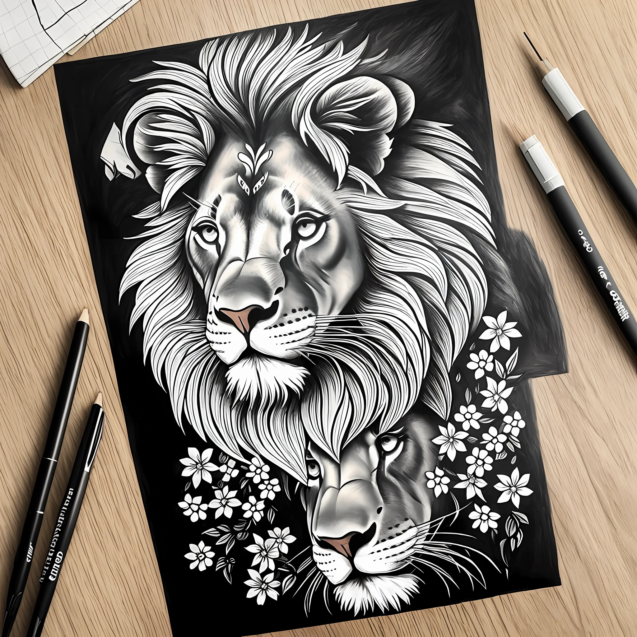 lion drawing tattoo with black and white flowers --auto --s2