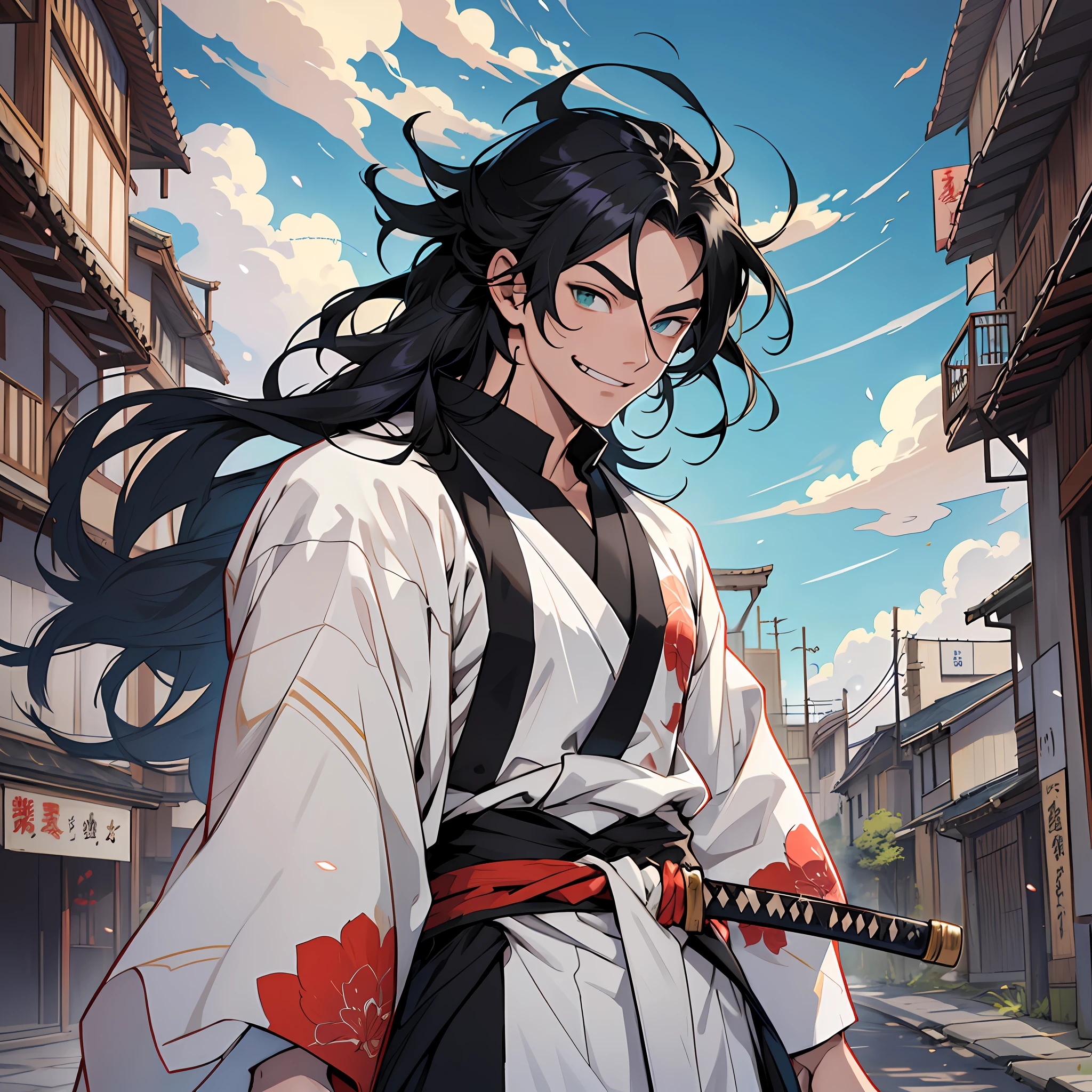 ((best quality)), ((ultradetailed)), ((masterpiece)), best quality (katana: 1.4), serious,(at night: 1.4), a 16-year-old who has his long black hair, which goes up to his waist. Your hair is thick and has a healthy appearance, your hair is long and not stuck, contrasting with your fair skin. The young man's eyes are emerald green, and are deep, expressive, and intense like two clear pearls. They reflect calm and an inquisitive curiosity. He has a big smile on his face and a watchful eye. With his upright posture, the young man shows a confident bearing and a cheerful and hyperactive aura. He wears a white kimono with green clouds, made of a quality fabric. giving him the look of a swordsman. At his waist, he carries a white katana with gray details on the blade. The long, sharp blade is made of polished steel, its coloration is white, and it is reflecting light. He is in an ancient Japanese city.  He has a cheerful face. Kimetsu no Yaiba style, alone, 1boy, demon slayer style, loose hair, petulant look, smiling, confident, only 1, spilled hair, loose and big hair, demon slayer artstyle