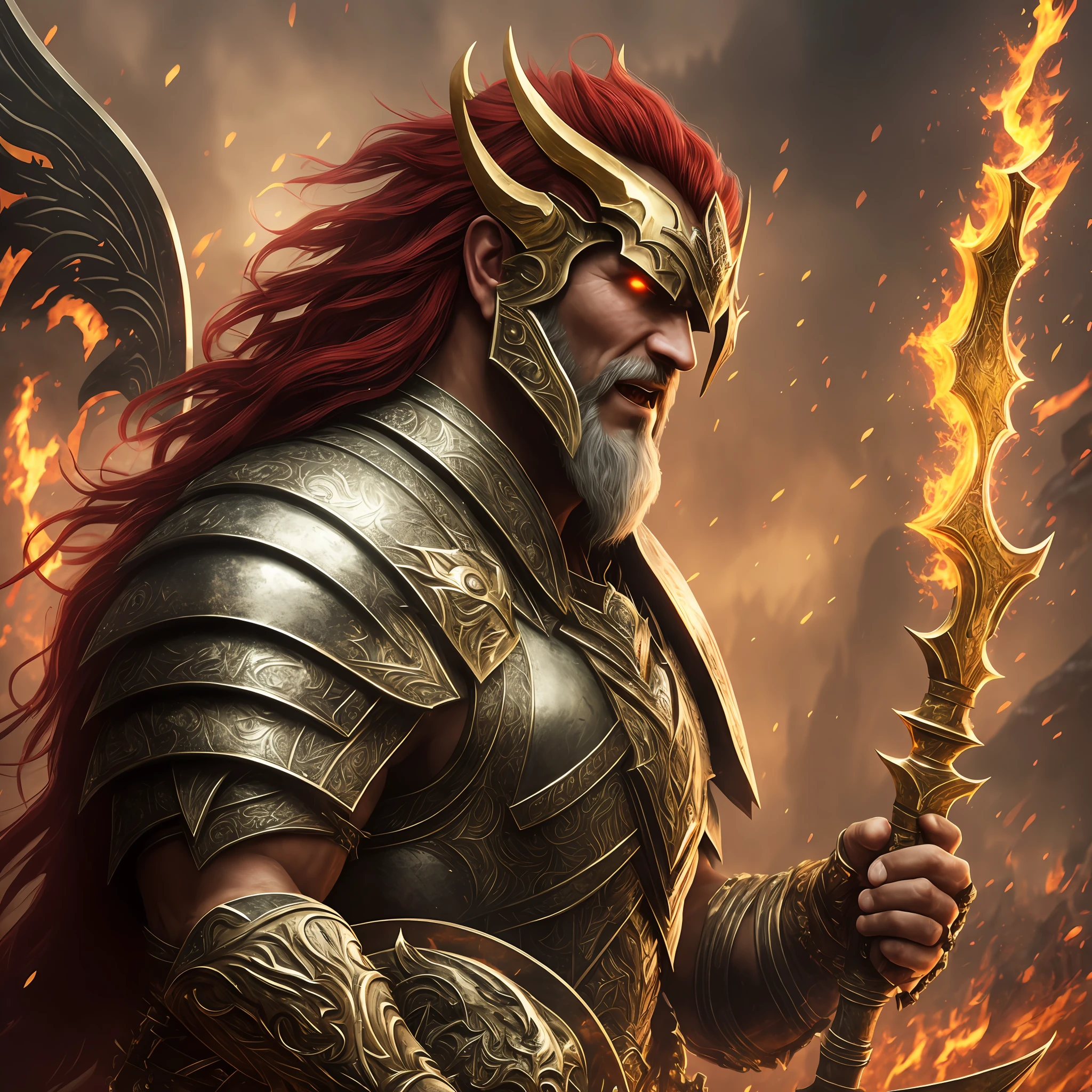 Gold armor, berserker potrait, male barbarian, fantasy art, From his look alone enemies starting to panic, one head,devilish smile, Hell beast, demon, white-fire Sky, warrior, with scythe and shield, beutiful, men, Werelion, long braided red Hair, glowing gold eyes, realisitic, highly detailed, Unreal Engine, 8k-upscale --auto --s2