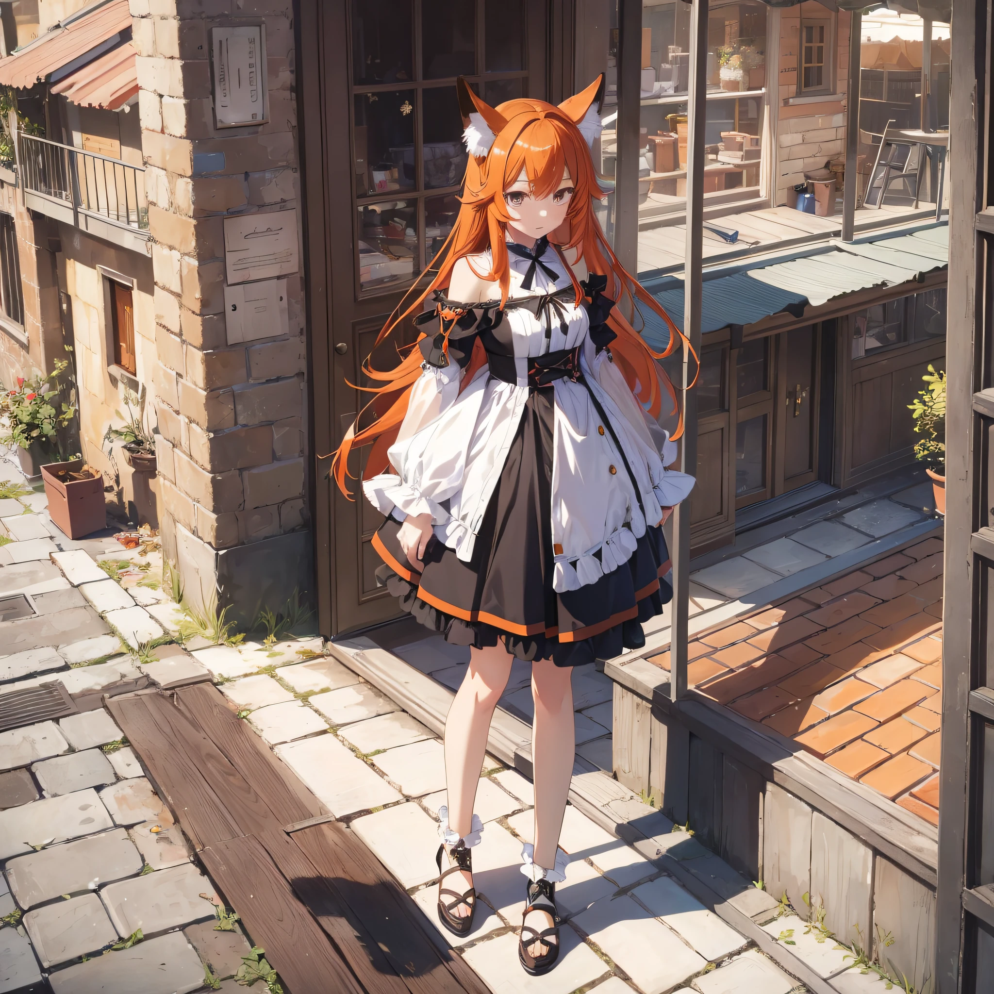 Absurd, masterpiece, high quality, highly detailed, 1girl, lifeland, fox girl, orange hair, dress, standing, shoulders exposed, legs crossed, arms to shoulders, backyard, balcony, manga style --auto --s2