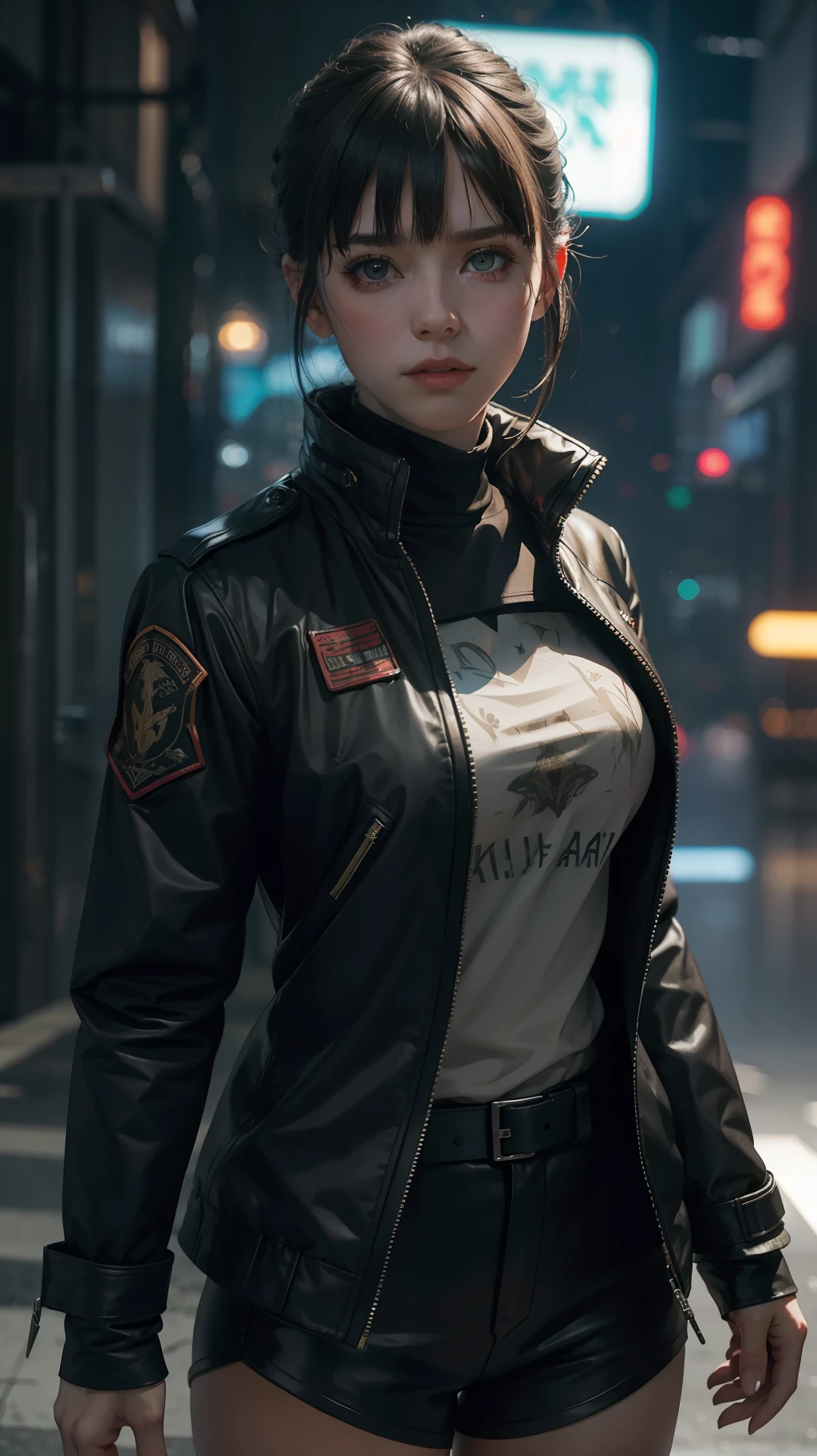 Beautiful hyperrealistic photograph of female Blade Runner cop, wearing Blade Runner jacket and clothes, fringe cut bangs hairstyle, cluttered Blade Runner background, dynamic pose, concept art, By Brian Froud and Carne Griffiths and Wadim Kashin and John William Waterhouse, intricate detail, 8k post-production, High resolution, super Detail, trending on ArtStation, sharp focus, studio photos, intricate detail, depth of field, f/2.8, cinematic illumination, dark shadows.