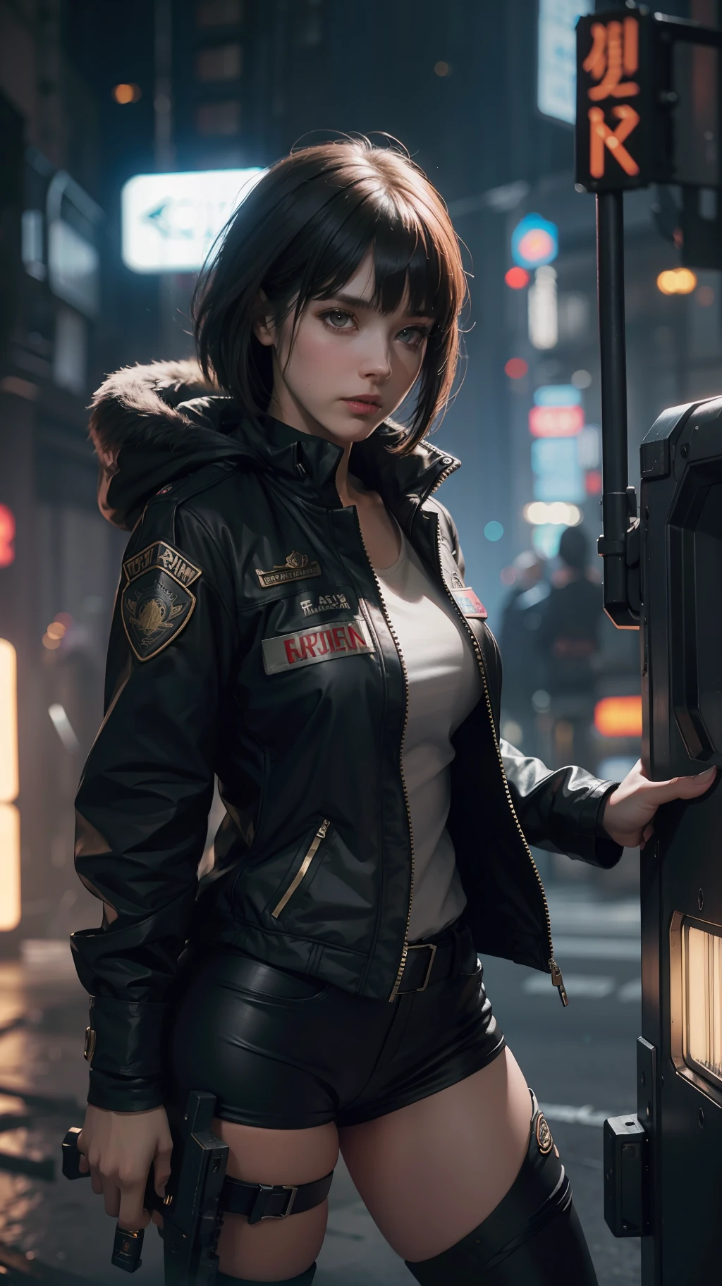 Beautiful hyperrealistic photograph of female Blade Runner cop, wearing Blade Runner jacket and clothes, fringe cut bangs hairstyle, cluttered Blade Runner background, dynamic pose, concept art, By Brian Froud and Carne Griffiths and Wadim Kashin and John William Waterhouse, intricate detail, 8k post-production, High resolution, super Detail, trending on ArtStation, sharp focus, studio photos, intricate detail, depth of field, f/2.8, cinematic illumination, dark shadows.