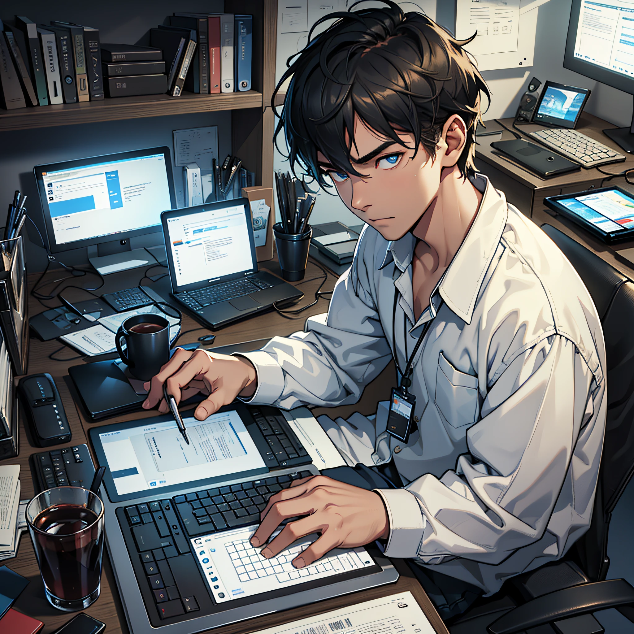 In the description, we can visualize a young man sitting in front of a computer, dedicated to writing. He's focused on his tasks, nimble fingers moving over the keyboard as his eyes fix the screen before him. The environment is quiet, with adequate lighting and an environment conducive to concentration. --auto --s2