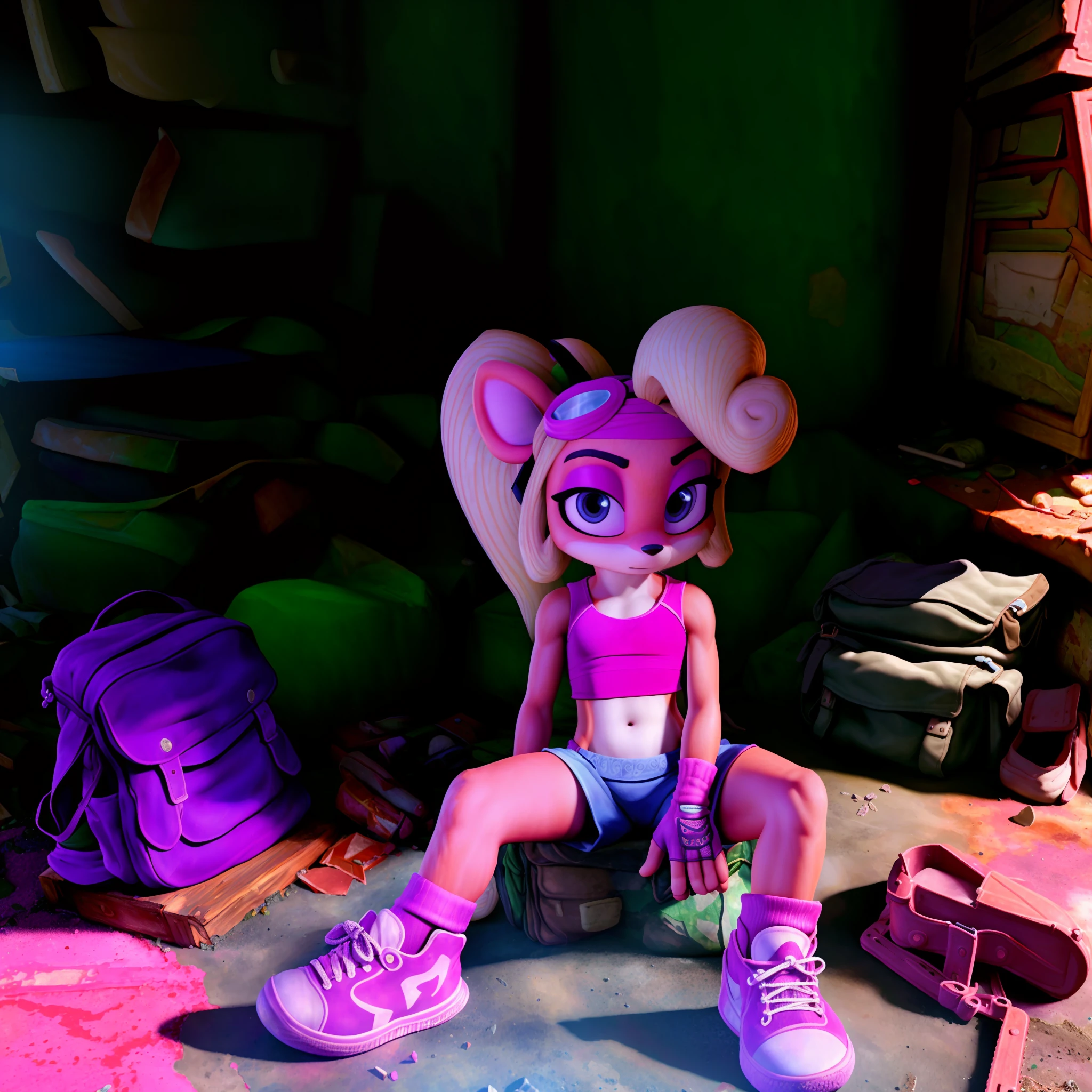 Beautiful and detailed picture of coco bandicoot (best quality, insanely detailed illustration:1.2), masterpiece, (((very young, child, ???))), epic realistic, hyperdetailed background, (hdr:1.25), (intricate details:1.14), (hyperrealistic 3d render:1.16), (filmic:0.55), intricate details, hyperdetailed background, solo, tail, backpack, gloves, indoors, rubble, abandoned building, flashlight, shadows, dark, 1girl, fingerless gloves, shoes, bag, sitting, sneakers, crop top, thigh strap, socks, midriff, oekaki, bandana, hairband, shorts, headband, body fur, looking at viewer, navel