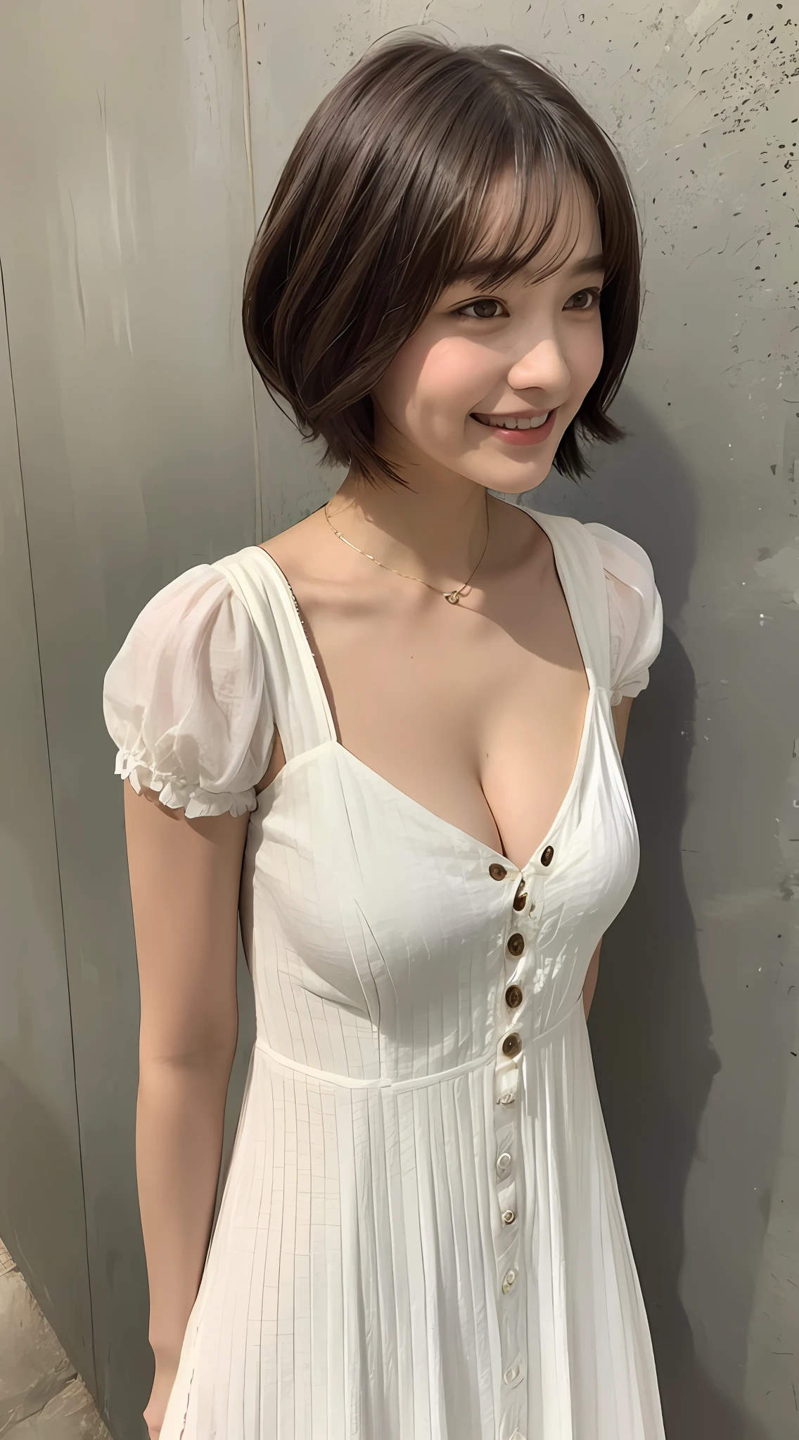 Cotton one-piece dress with loose chest, big cleavage visible, pixie bob, shy and thick upper arms, whip body, cute smile,
