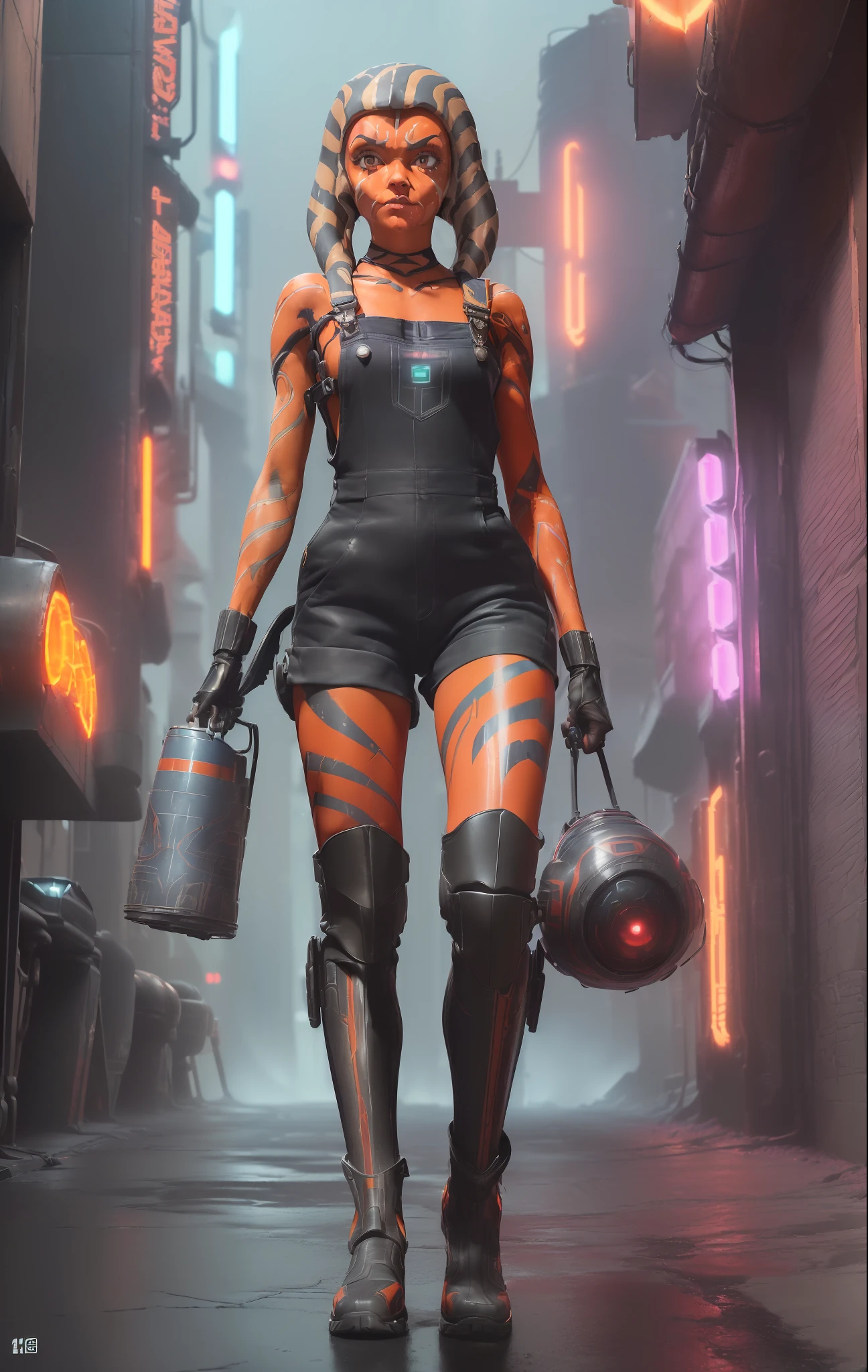 (
- (One character, young female character:1.3, fragile body:1.4, slim body:1.3, slim legs, slim waist),(Ahsoka Tano head:1.4),(perfect expressions:1.3, big eyes:1.3), (long hair:1.3)
- (Outfit: futuristic red overalls:1.3, black knee pads, t-shirt, futuristic boots:1.3, gloves:1.3)
- (Full body pose:1.3, walking towards camera, smiling:1.3)
-  (Background: dense cyberpunk street, dive bar, neon holograms in background, dark, ominous, foggy, night, futuristic city, cyberpunk, red color scheme:1.3)
-  (Style: 150mm, beautiful studio soft light, rim light, bright details, luxury cyberpunk, hyperrealistic, anatomical, facial muscles, octane render, H. R. Giger style, 8k, best quality, masterpiece, illustration, extremely detailed, CG, unity, absurdres, incredibly absurdres, photo-realistic:1.37, amazing, fine detail, masterpiece, best quality, official art, vibrant colors)
)