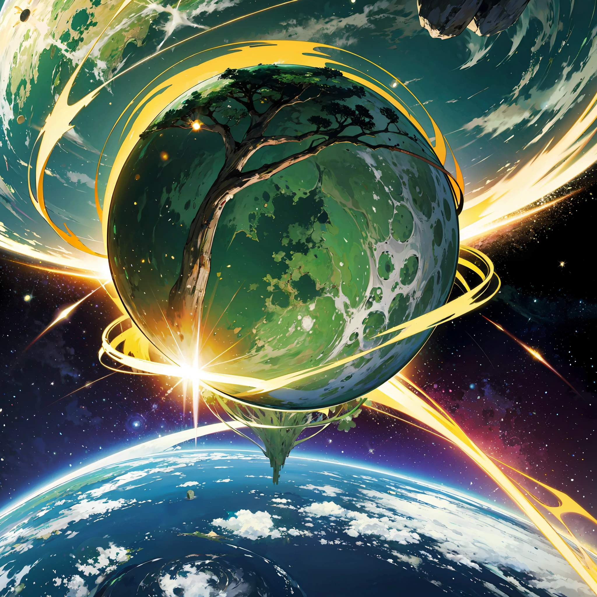Green planet with giant ring tree around planet,seen from space