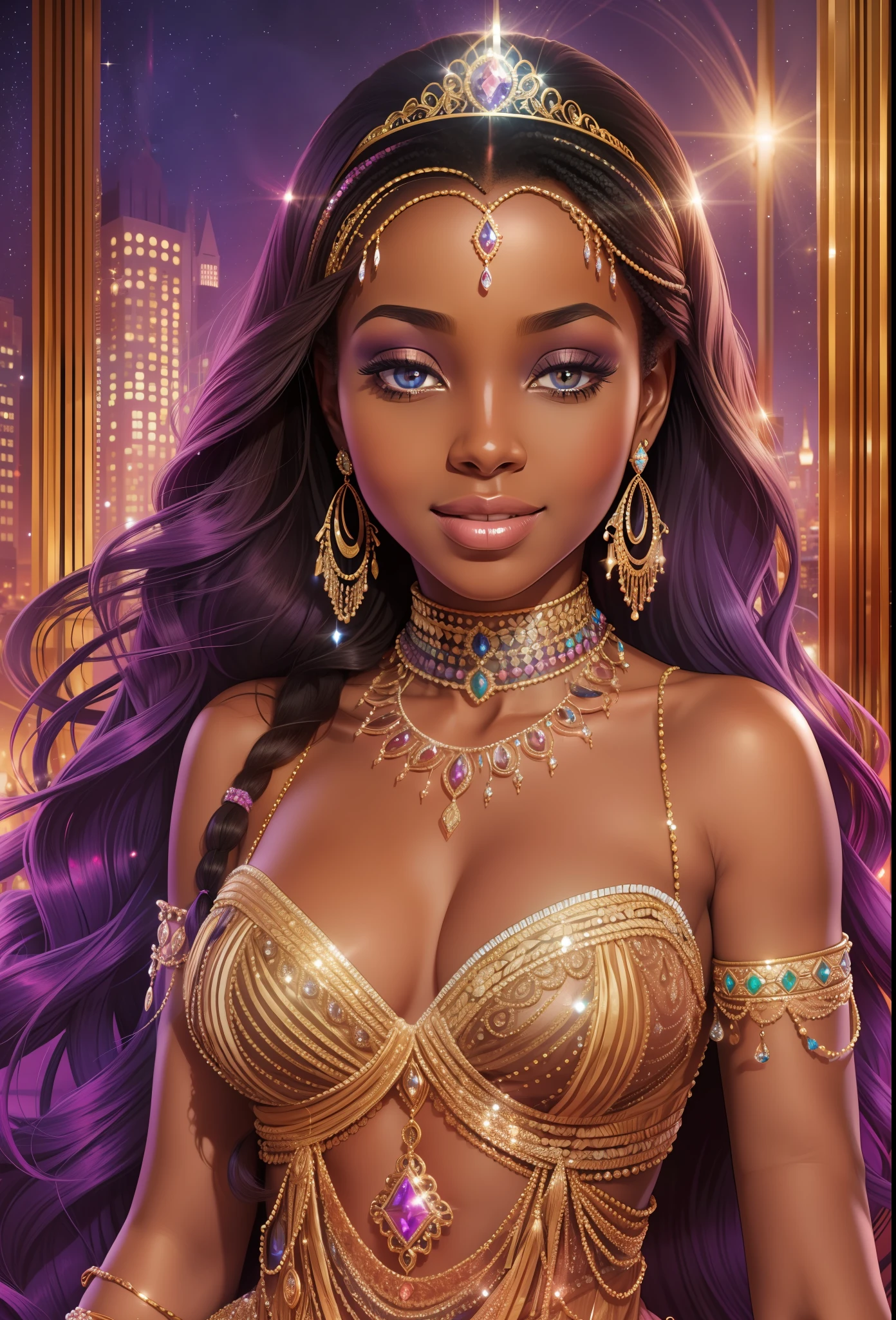 "Young African, princess adorned with jewels, beautiful dress, in front of her limousine, twinkling night lights, soft shadows, gracile expression and high resolution."
