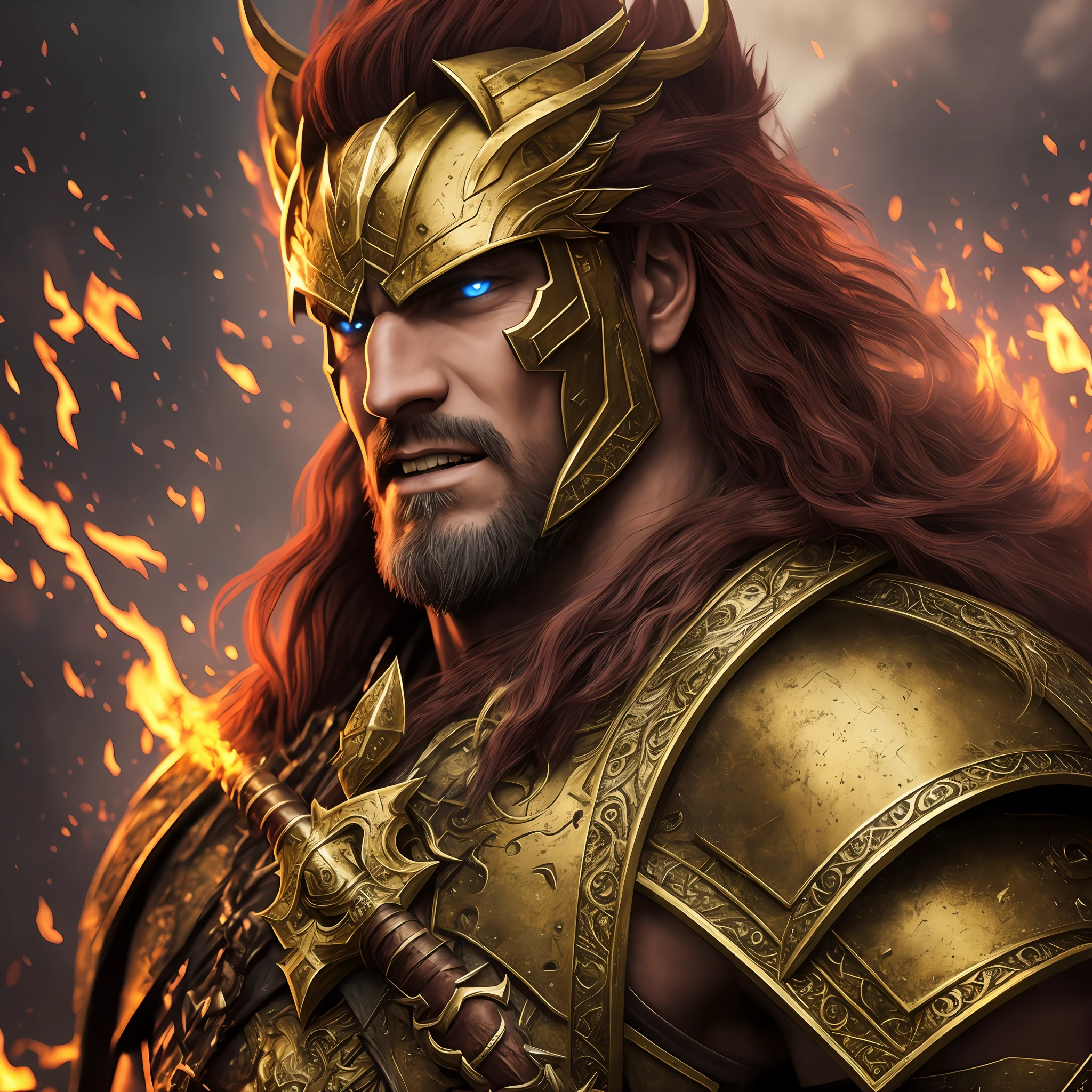 Gold armor, berserker potrait, male barbarian, fantasy art, From his look alone enemies starting to panic, one head,devilish smile, Hell beast, demon, white-fire Sky, warrior, with scythe and shield, beutiful, men, Werelion, long braided red Hair, glowing gold eyes, realisitic, highly detailed, Unreal Engine, 8k-upscale --auto --s2