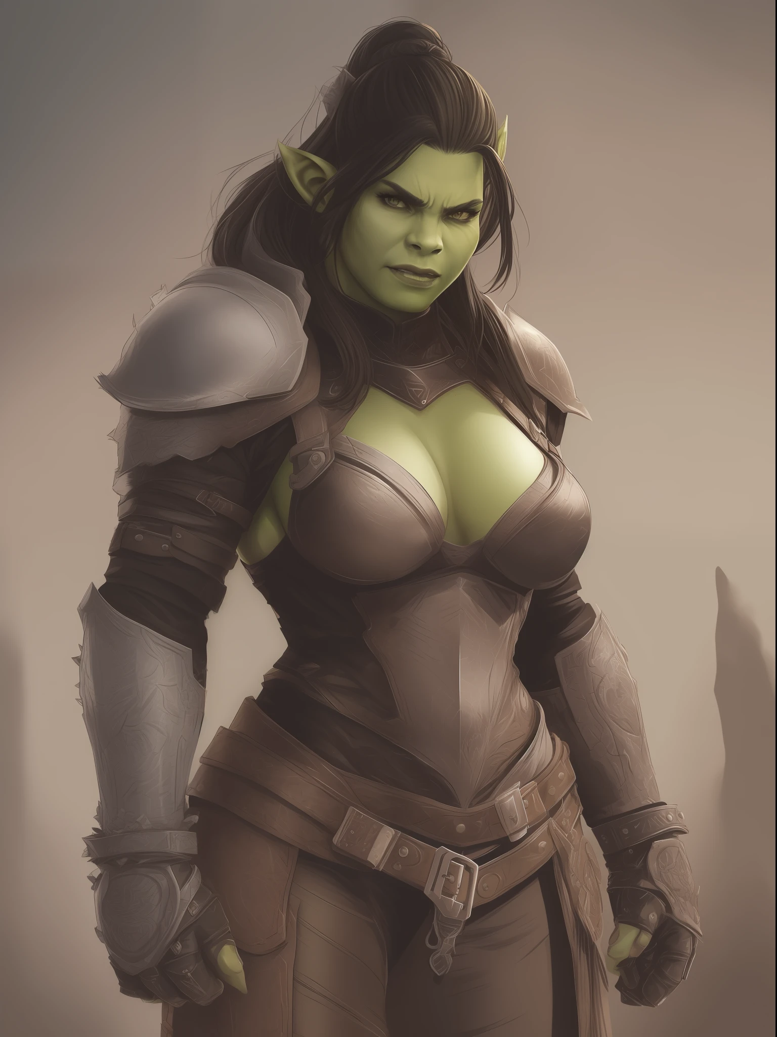 ((Realistic Style)) + (Orc:1.2) + (Female) + (Intimidating Pose:1.2) + (in Detailed Leather and Leather Armor) + ((Perfect Female Orc Body)) + ((Detailed Whole Body)) + ((16k Quality)) + ((Masterpiece))