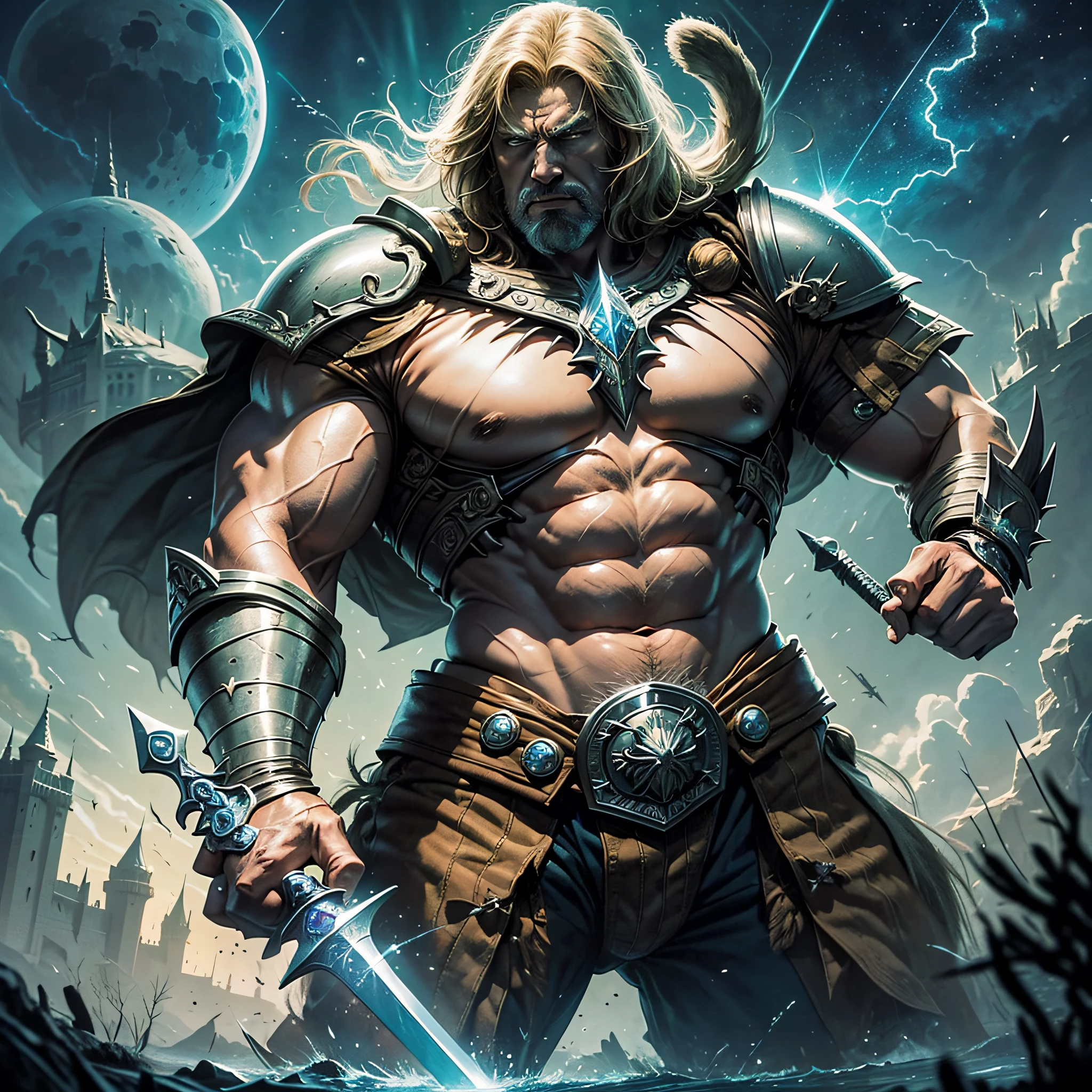 Ultra-realistic, He-Man is a superhero and main protagonist of the franchise of swords and planets Masters of the Universe, 01 homeem, barbarian, raising his sword in front of the castle of Castle Grayskull, with lightning coming out of his sword to the lake of his faithful friend Cat warrior. --auto --s2