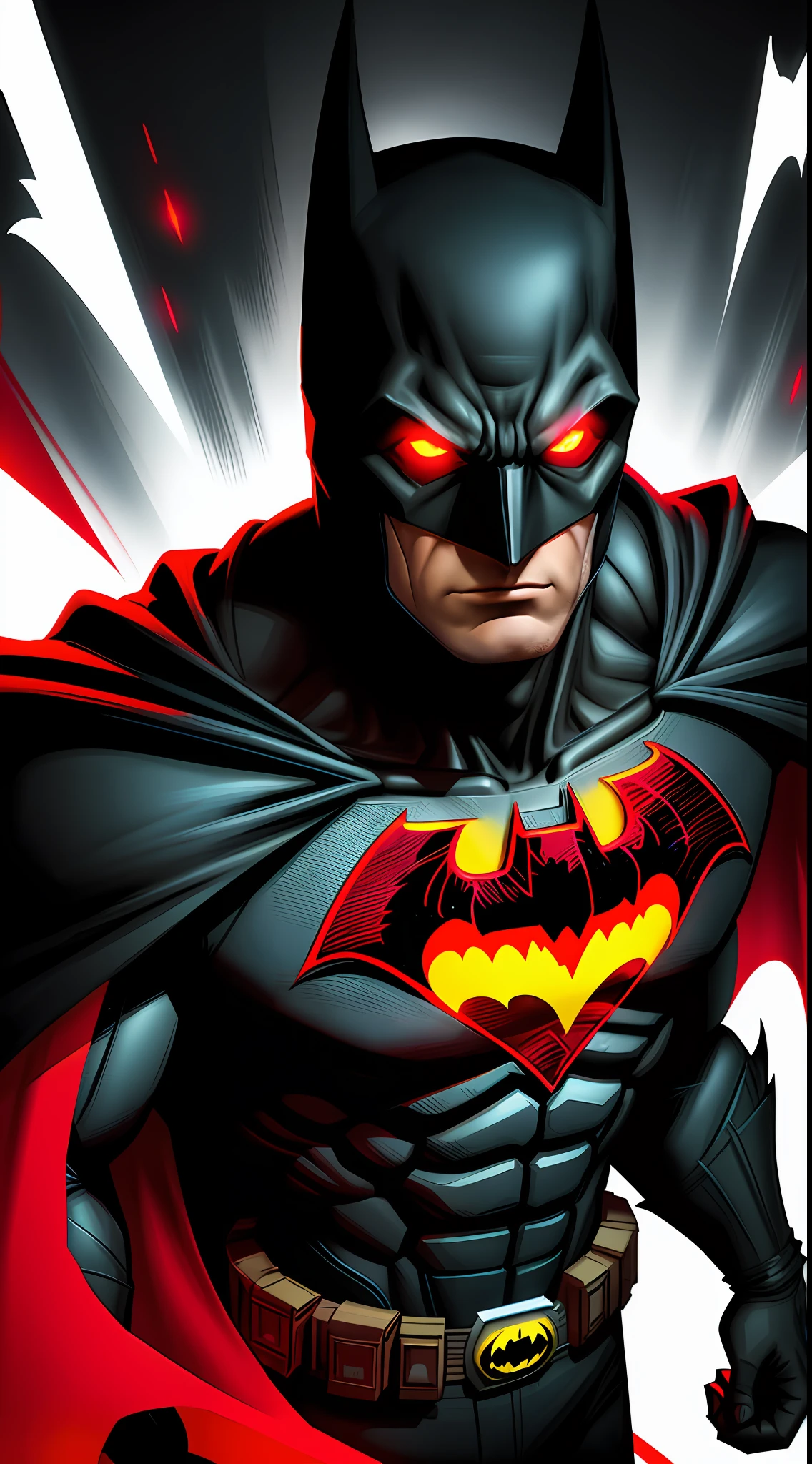 Batman in the dark with glowing red eyes and glowing cape, vector graphics by JoWOnder, popular on Deviantart, digital art, portrait, superhero art, amazing wallpapers, DC Comics art style, Dark Night in Disguise