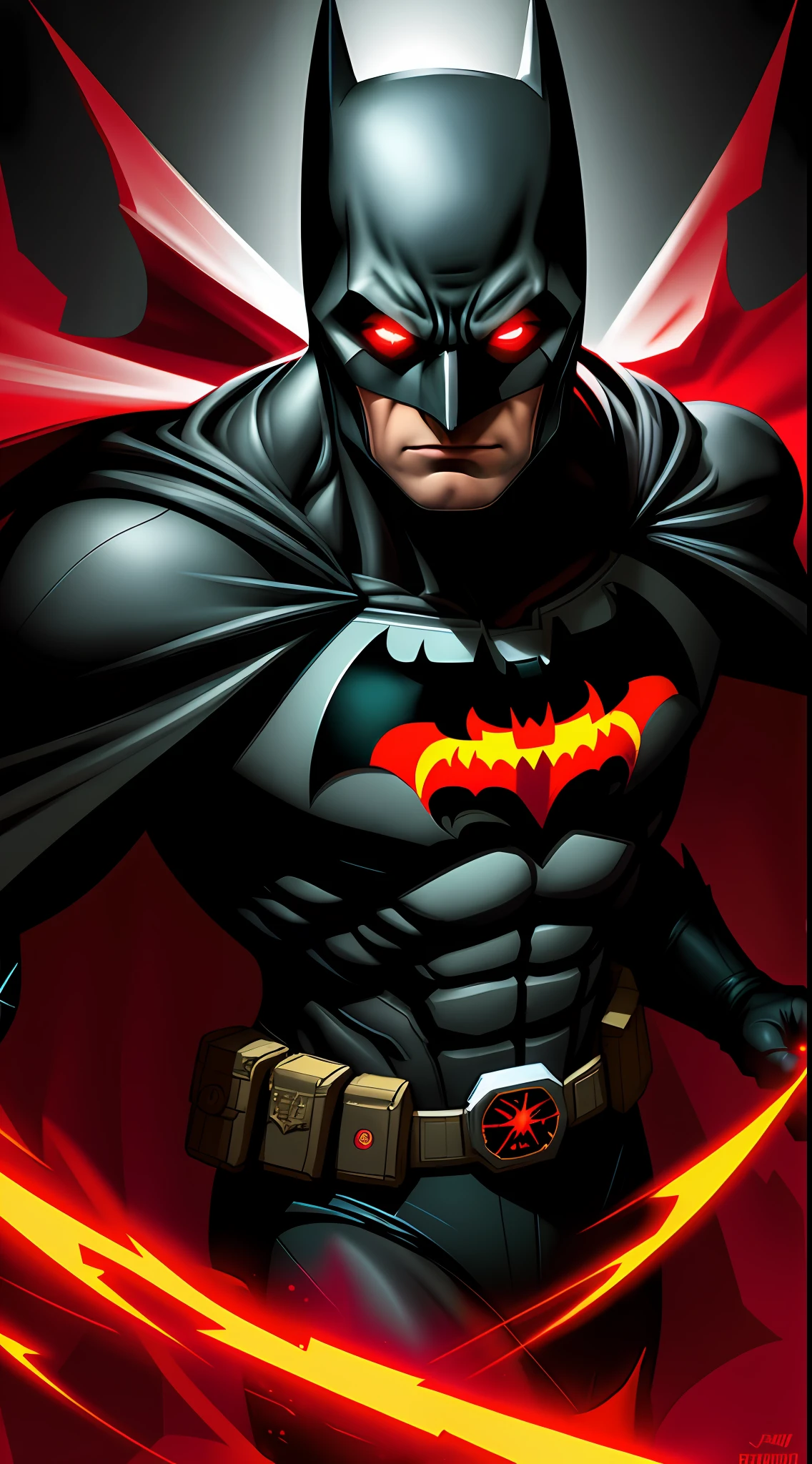 Batman in the dark with glowing red eyes and glowing cape, vector graphics by JoWOnder, popular on Deviantart, digital art, portrait, superhero art, amazing wallpapers, DC Comics art style, Dark Night in Disguise