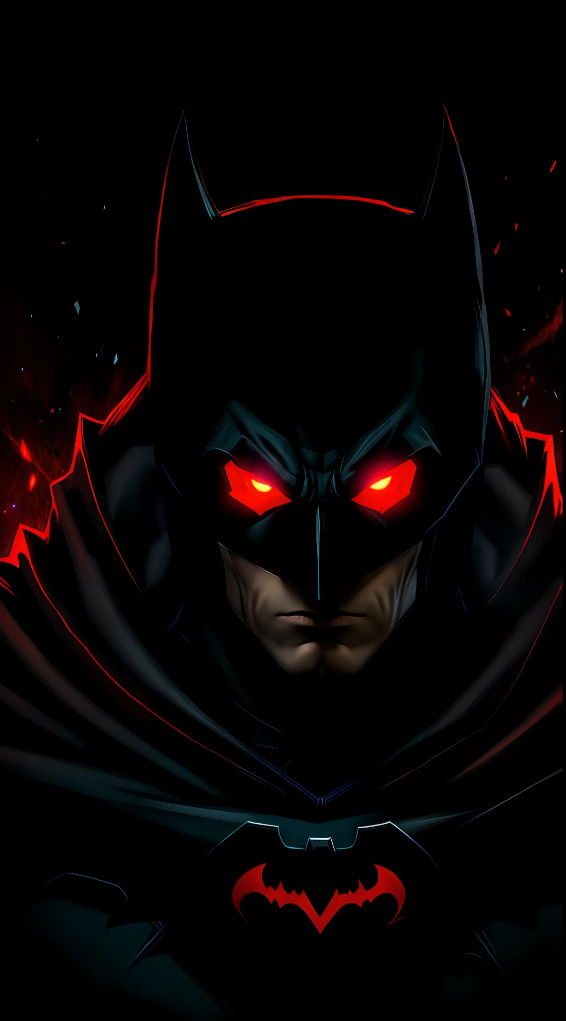 Batman in the dark with glowing red eyes and glowing cape, vector graphics by JoWOnder, popular on Deviantart, digital art, portrait, superhero art, amazing wallpapers, DC Comics art style, Dark Night in Disguise