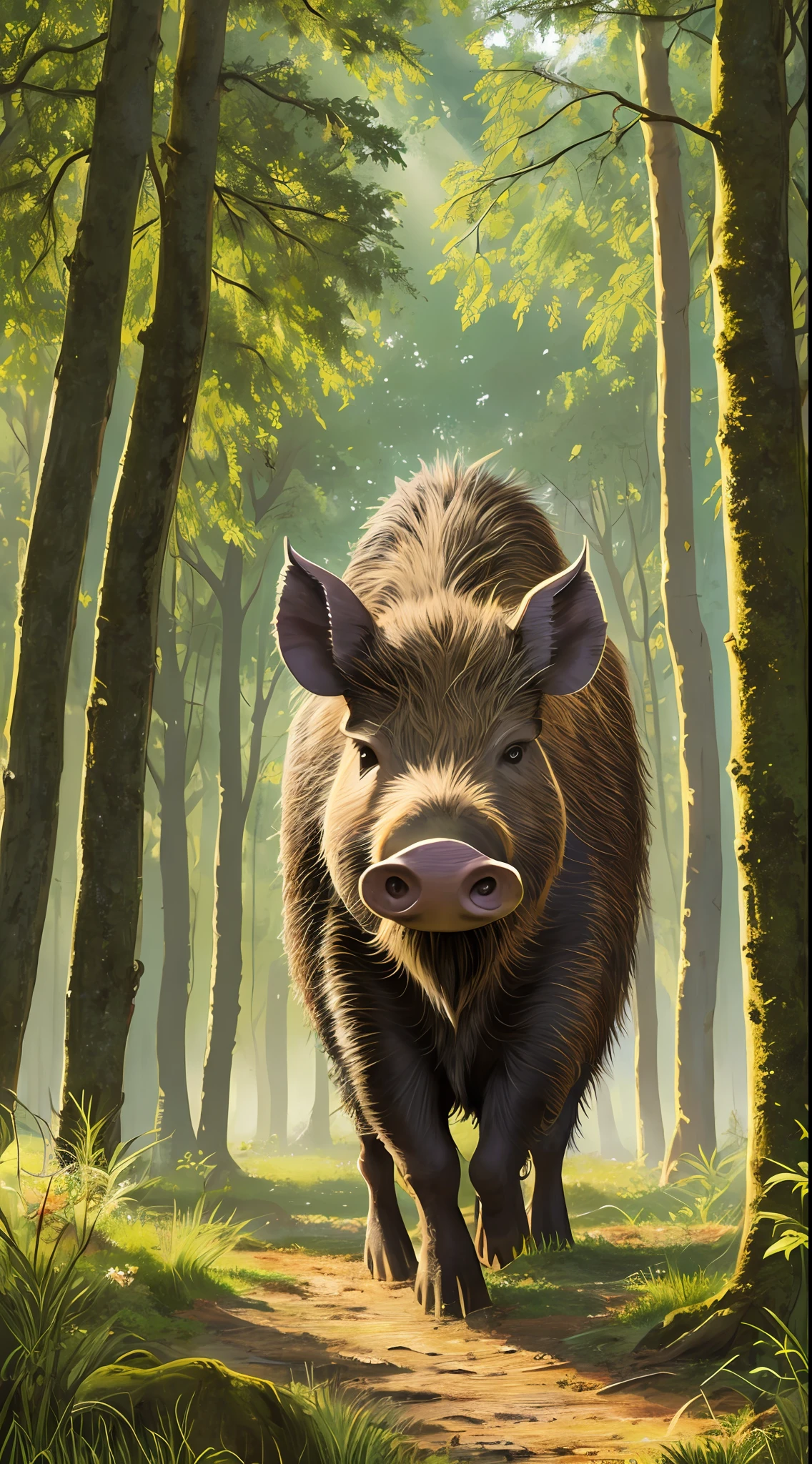 Realistic and detailed painting of a wild boar with brown fur and long tusks, standing proudly in a green forest with sunlight filtering through the trees --auto --s2