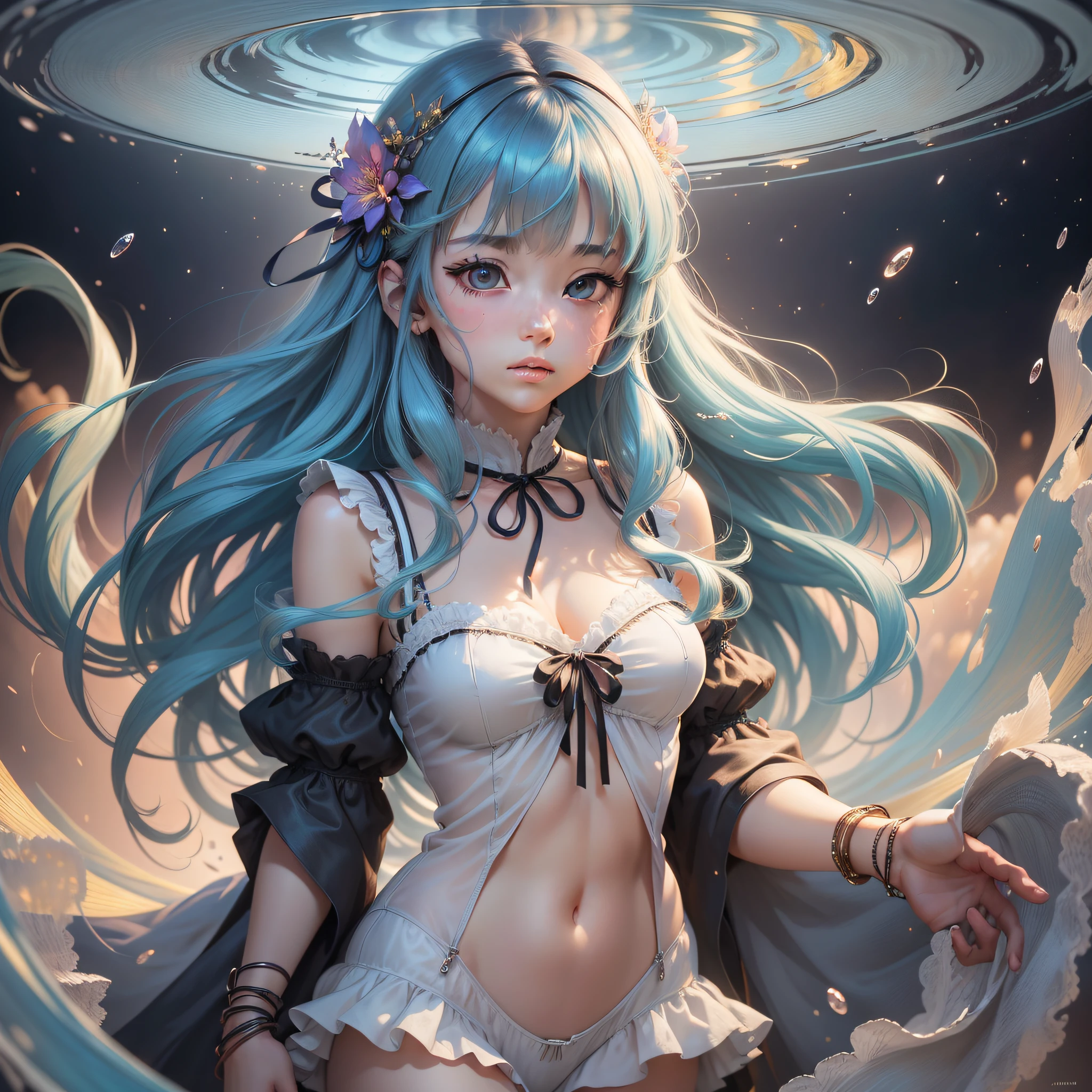 (masterpiece), (best quality), (ultra detailed), (shaggy hair), (illustration), (1girl), (underwear), standing, full body looking at the viewer, (interview), (simple background), beautiful detailed eyes, delicate beautiful face, floating, (high saturation), (colorful splashes), ,, kamisato ayaka, light blue hair, bangs, hair ring, floating hair. Girl, anime waifu, looking at the viewer, highly detailed, reflections transparent iridescent colors, long transparent iridescent RGB hair, artby artstation Serafleur, thick acrylic, pixiv illustration, beautiful sacred girl, best quality, ultra detailed, sad, smart, beautiful face, beautiful light black background,