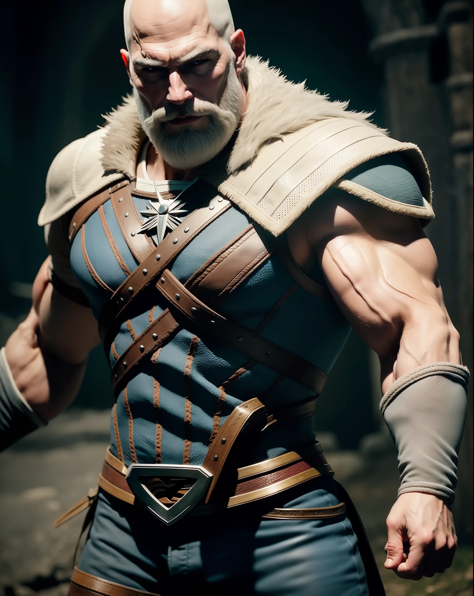 Bald man, white beard like Superman Witcher
realistic, better quality, photo-realistic
8k, best quality, masterpiece, realistic, photo-realistic