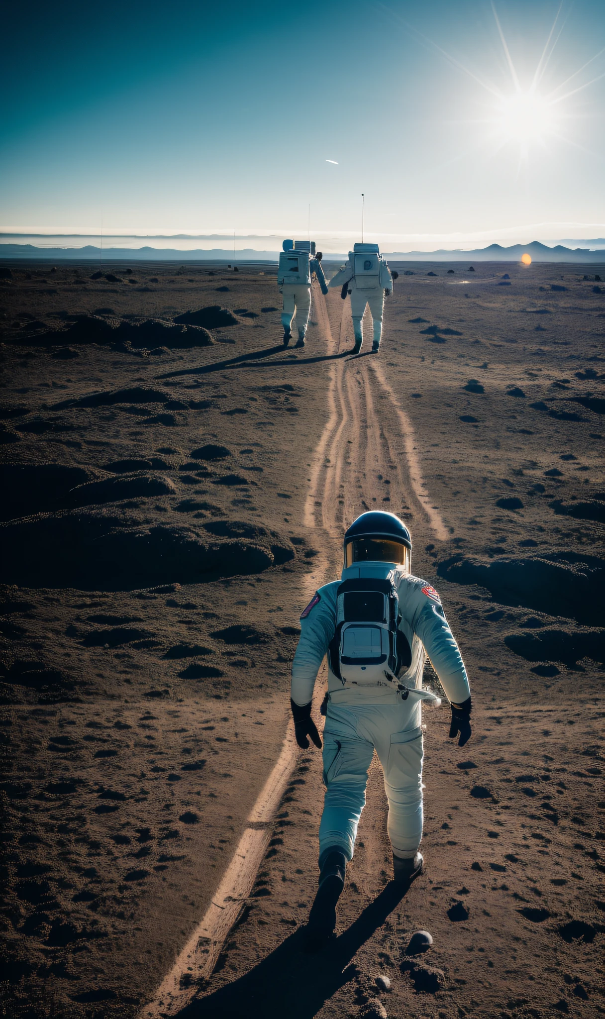 RAW-Foto, astronaut walking on new planet with other planets in the background, epic, vibe(hochdetaillierte Haut: 1,2), 8k UHD, DSLR, weiche Beleuchtung, hohe Qualität, Filmkörnung, Fujifilm XT3