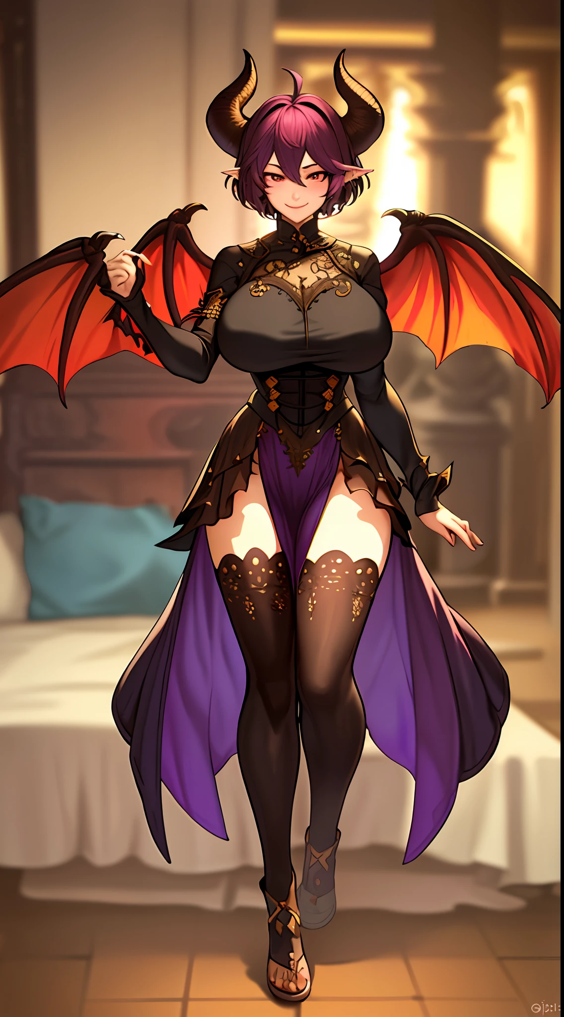 Masterpiece, Best Quality, high Quality, 1girl, dragon girl, long dress purple, long dress goth, dark purple hait, short hair, smile, nervous, stunning, bedroom, blushes, attractive, big breasts, wide hips, dragón tail, grea ( rage of Bahamut)