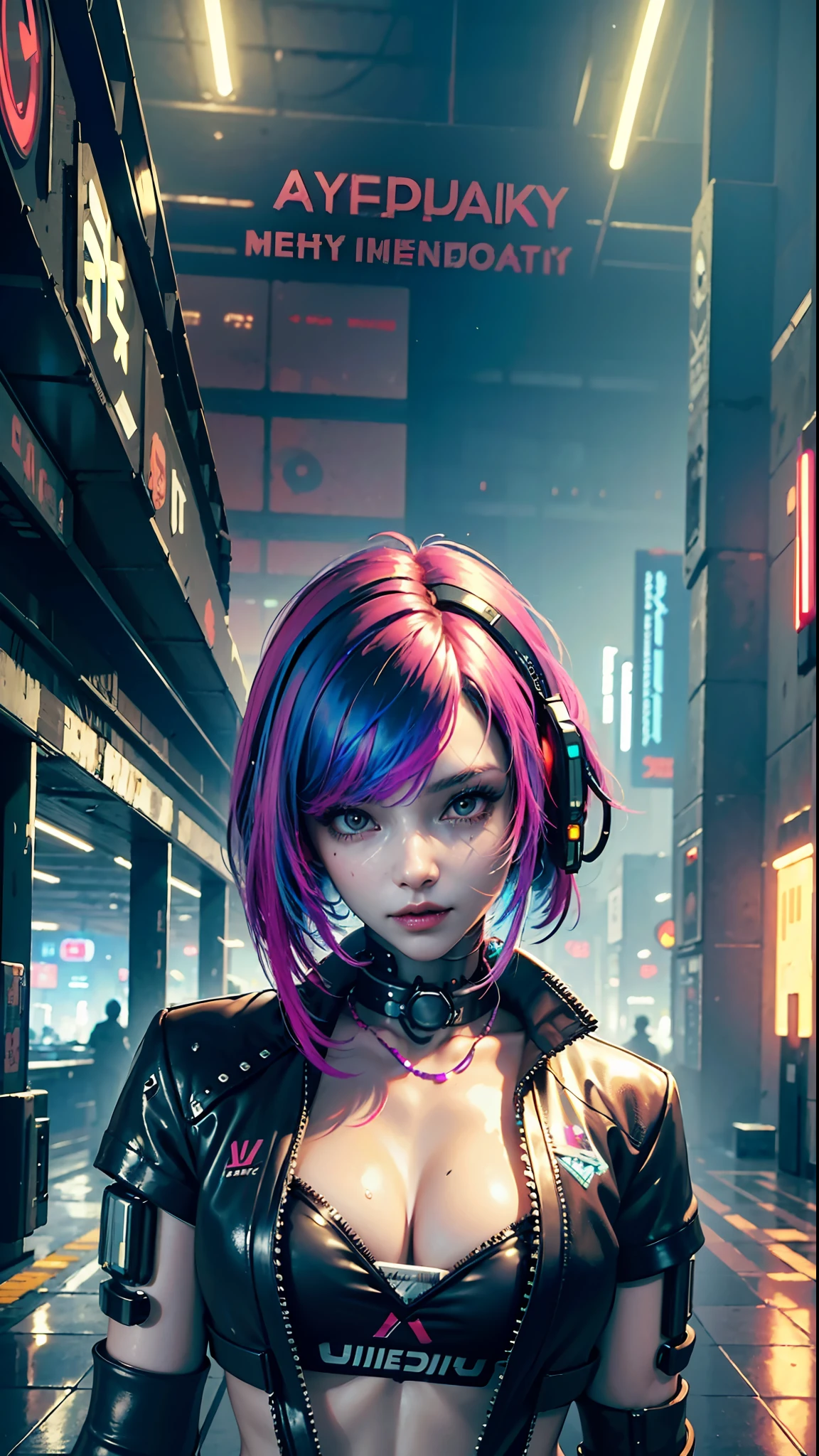 ((Best quality)), ((masterpiece)), (highly detailed:1.3), 3D, beautiful (cyberpunk:1.3) hacker woman with colored hair, black clothes looking at camera